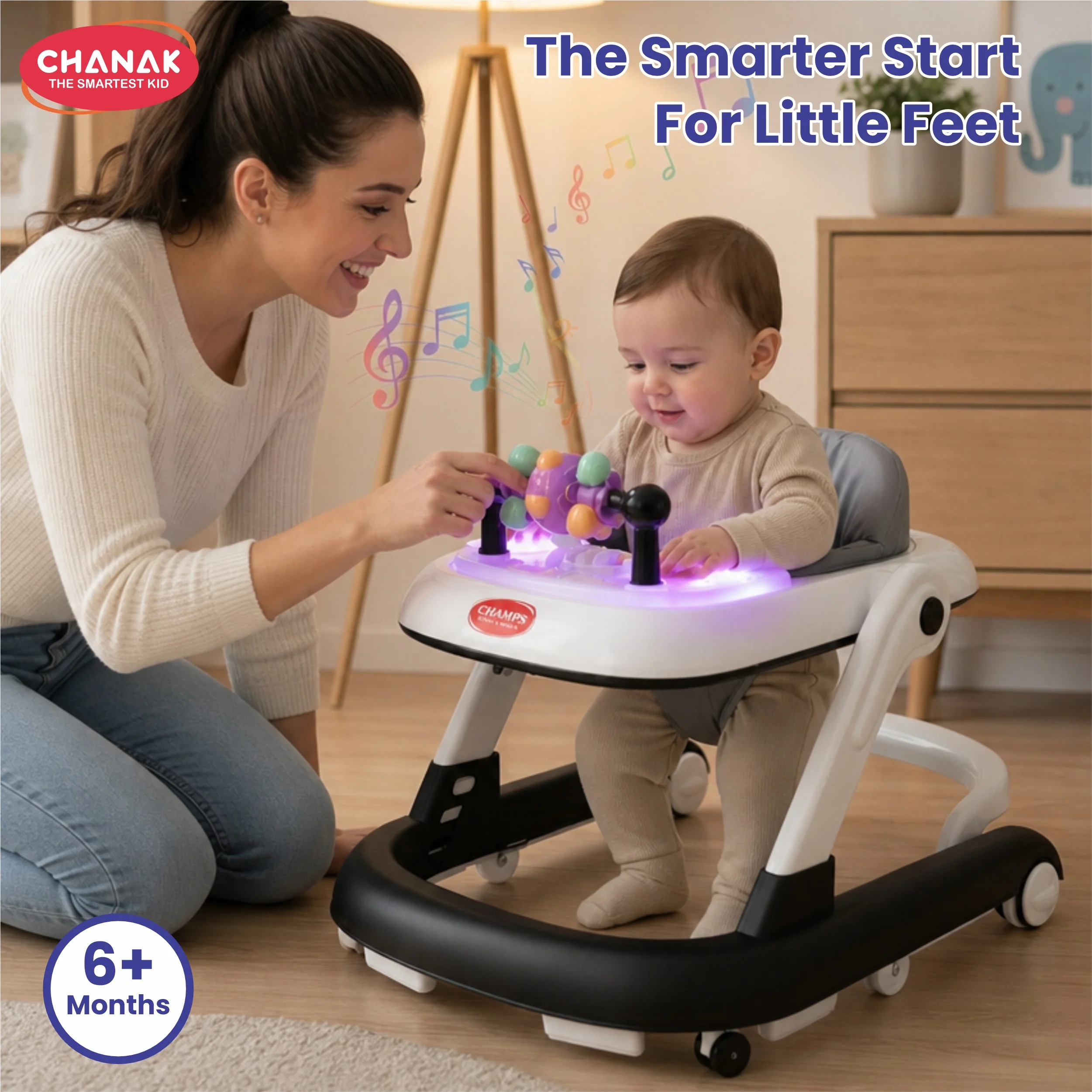 Chanak Baby Walker for 6-18 Months | Adjustable Height Foldable Push Walker with Music & Detachable Activity Tray – BIS Approved (Gray) - Image 10