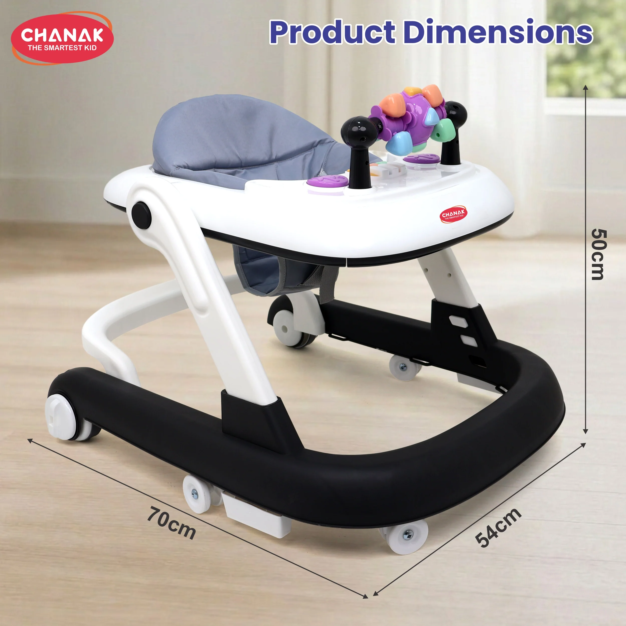 Chanak Baby Walker for 6-18 Months | Adjustable Height Foldable Push Walker with Music & Detachable Activity Tray – BIS Approved (Gray) - Image 3