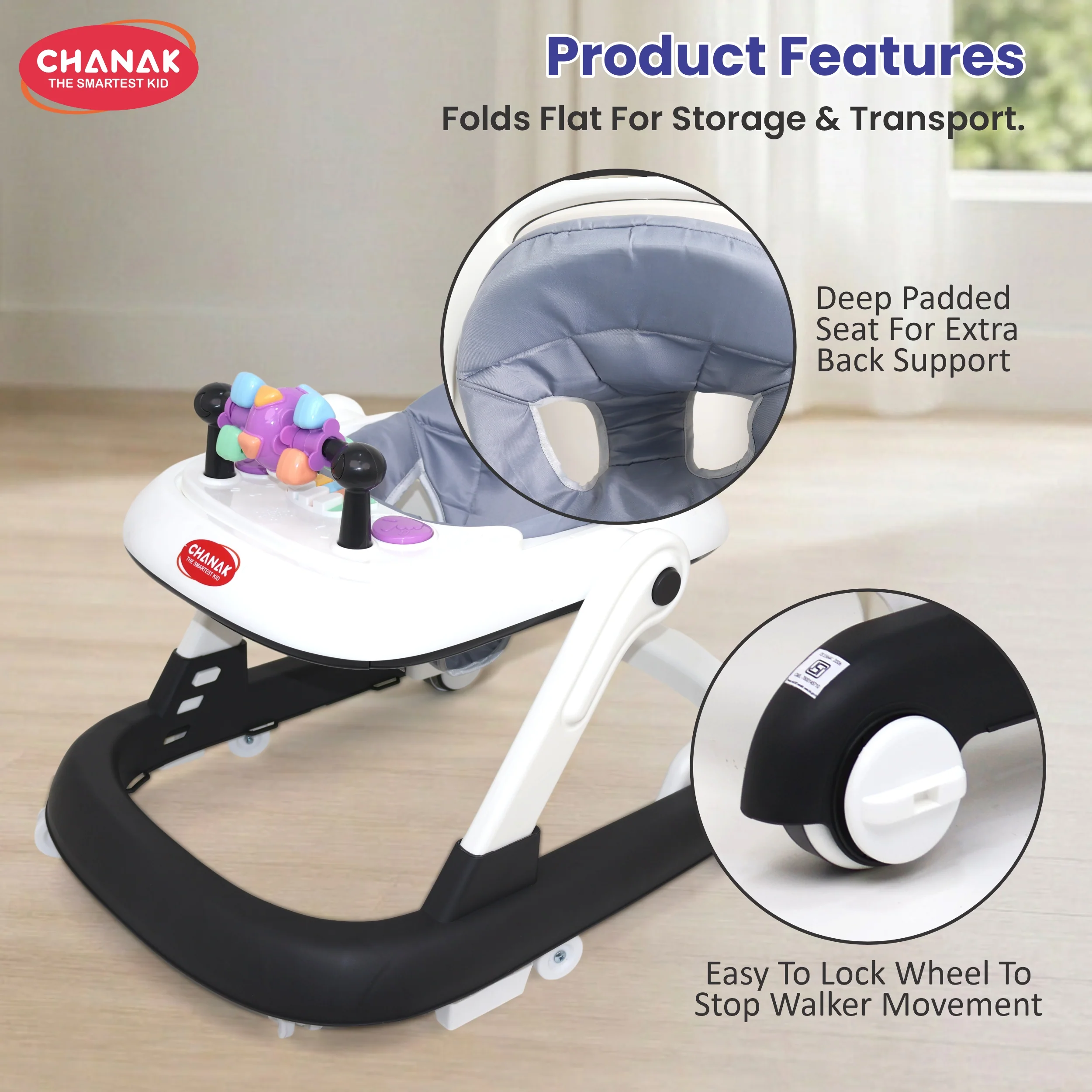 Chanak Baby Walker for 6-18 Months | Adjustable Height Foldable Push Walker with Music & Detachable Activity Tray – BIS Approved (Gray) - Image 4