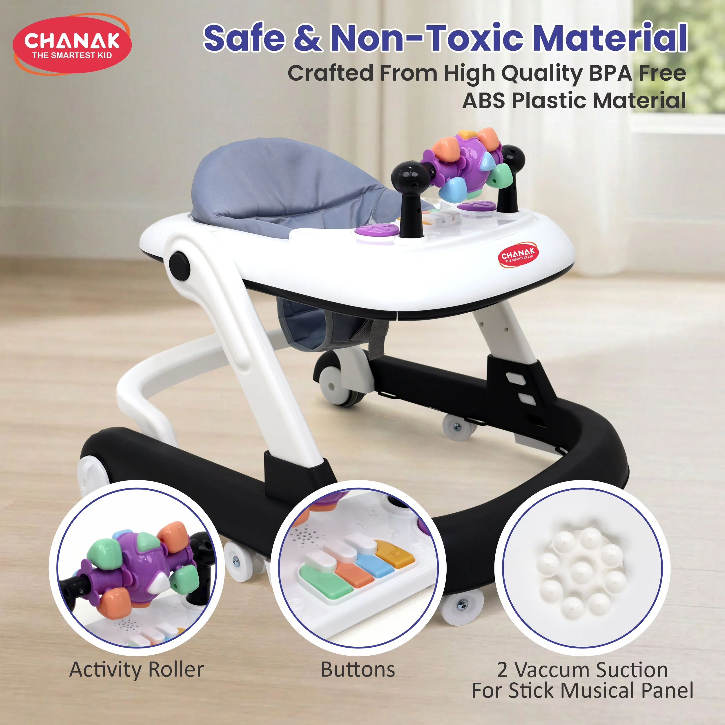 Chanak Baby Walker for 6-18 Months | Adjustable Height Foldable Push Walker with Music & Detachable Activity Tray – BIS Approved (Gray) - Image 5
