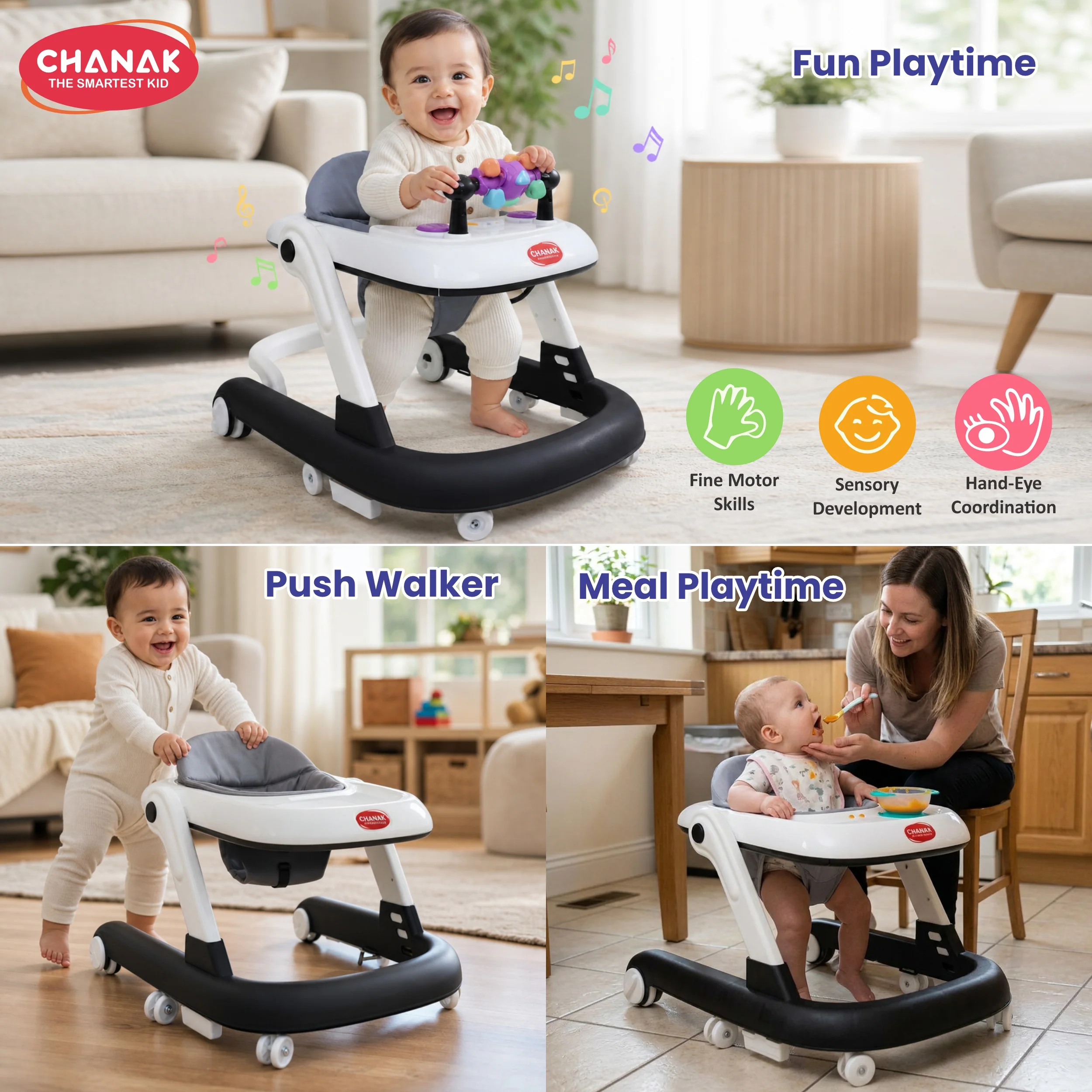 Chanak Baby Walker for 6-18 Months | Adjustable Height Foldable Push Walker with Music & Detachable Activity Tray – BIS Approved (Gray) - Image 6