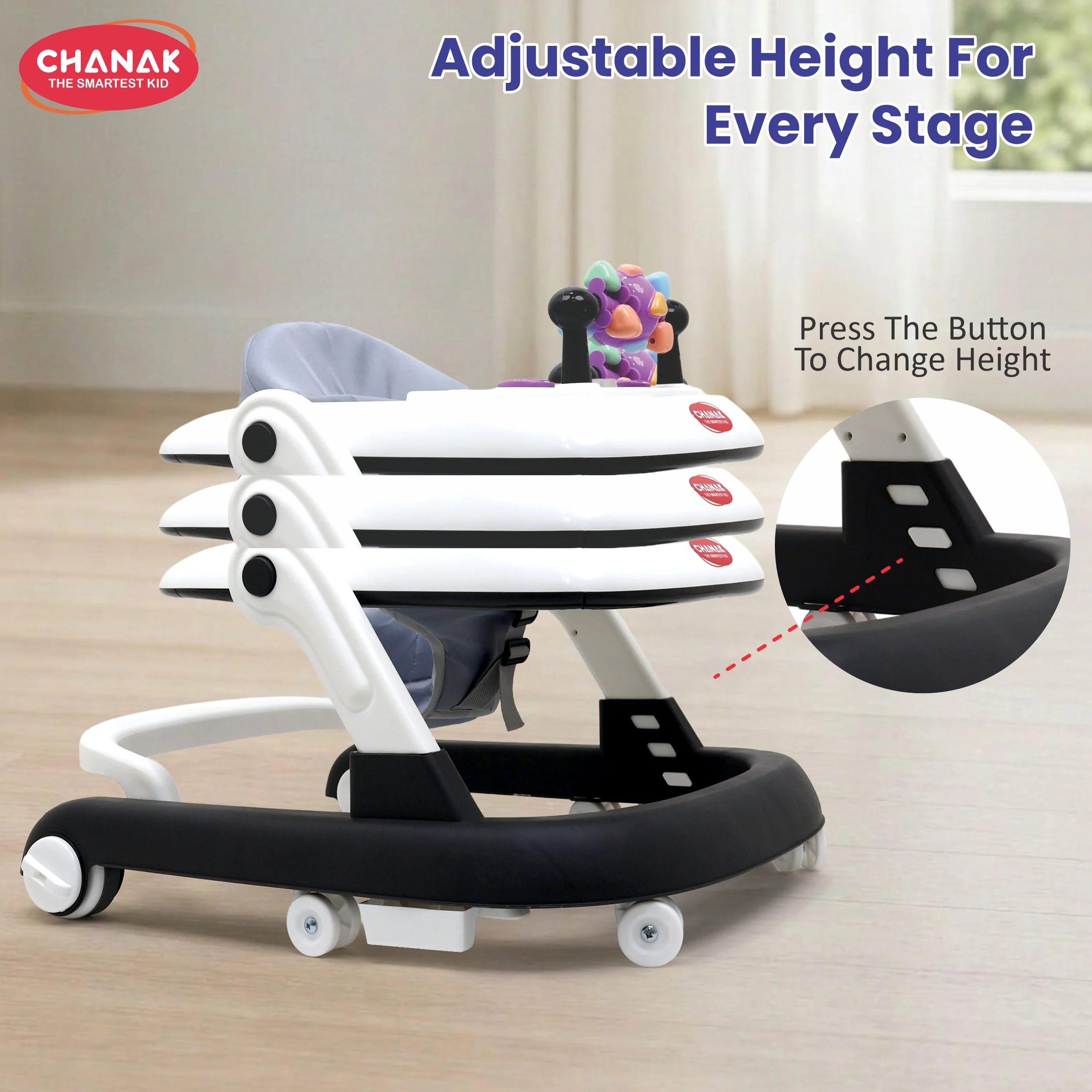 Chanak Baby Walker for 6-18 Months | Adjustable Height Foldable Push Walker with Music & Detachable Activity Tray – BIS Approved (Gray) - Image 7