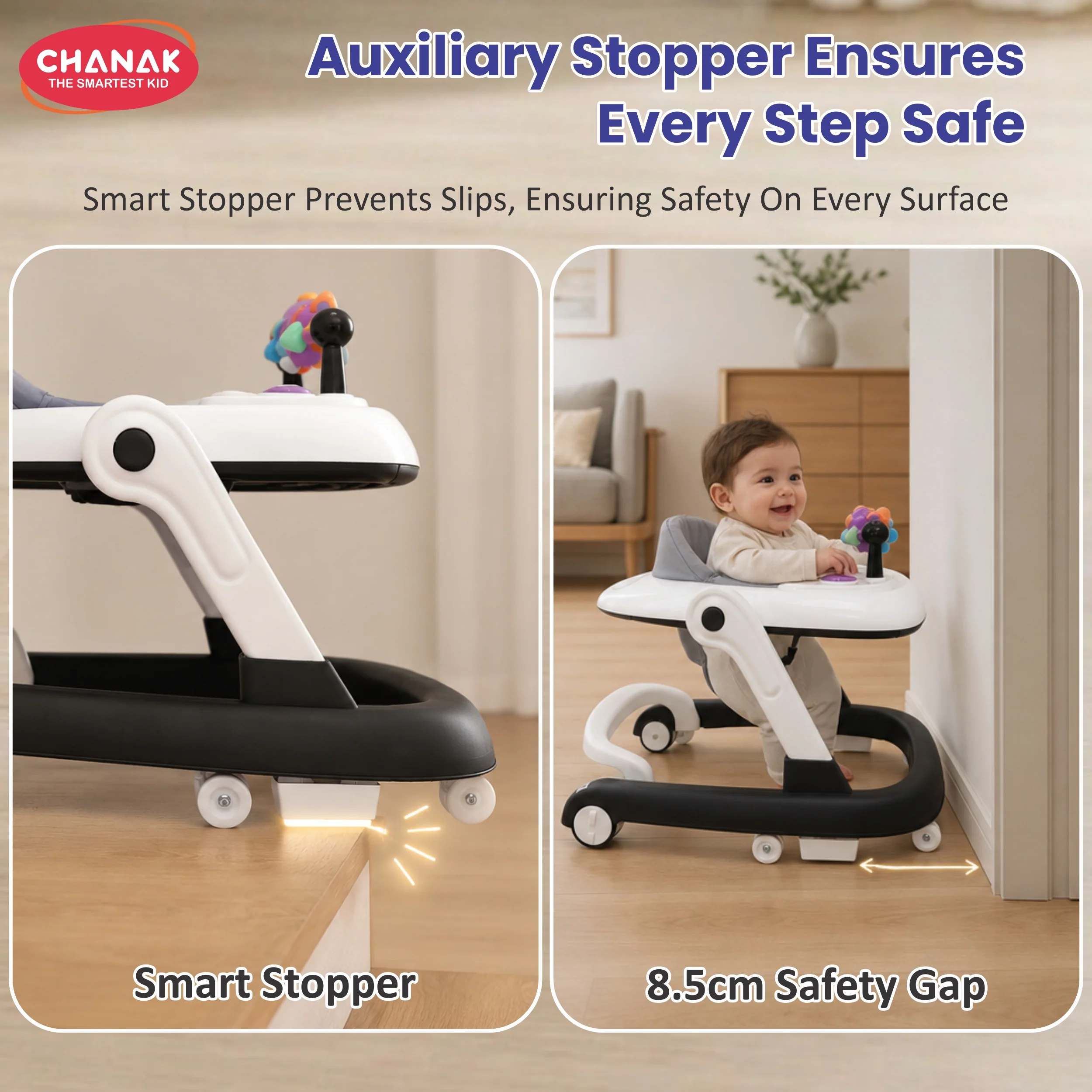 Chanak Baby Walker for 6-18 Months | Adjustable Height Foldable Push Walker with Music & Detachable Activity Tray – BIS Approved (Gray) - Image 9