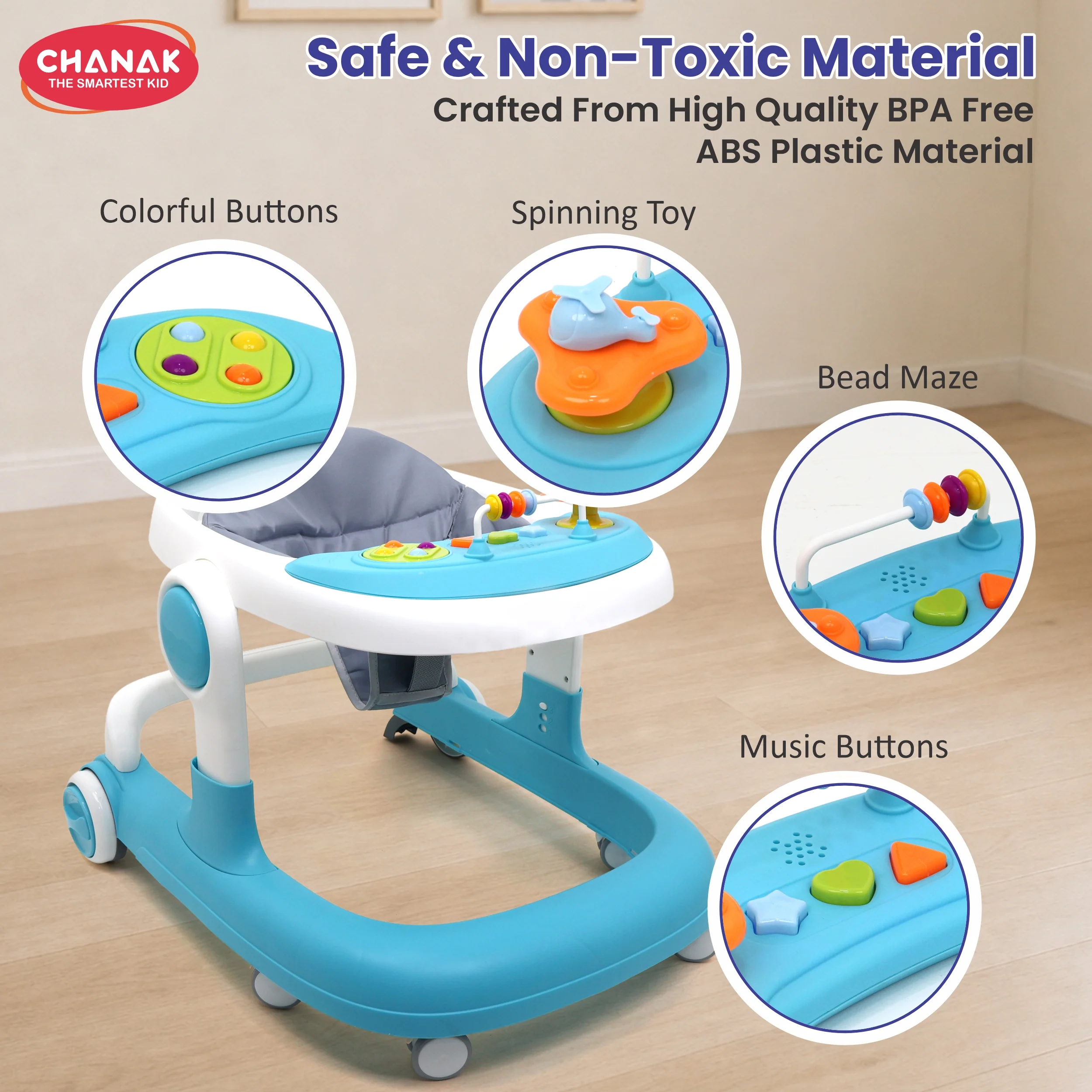 Chanak Baby Walker for 6-18 Months | Adjustable Height Foldable Push Walker with Music & Detachable Food Tray – BIS Approved - Image 4