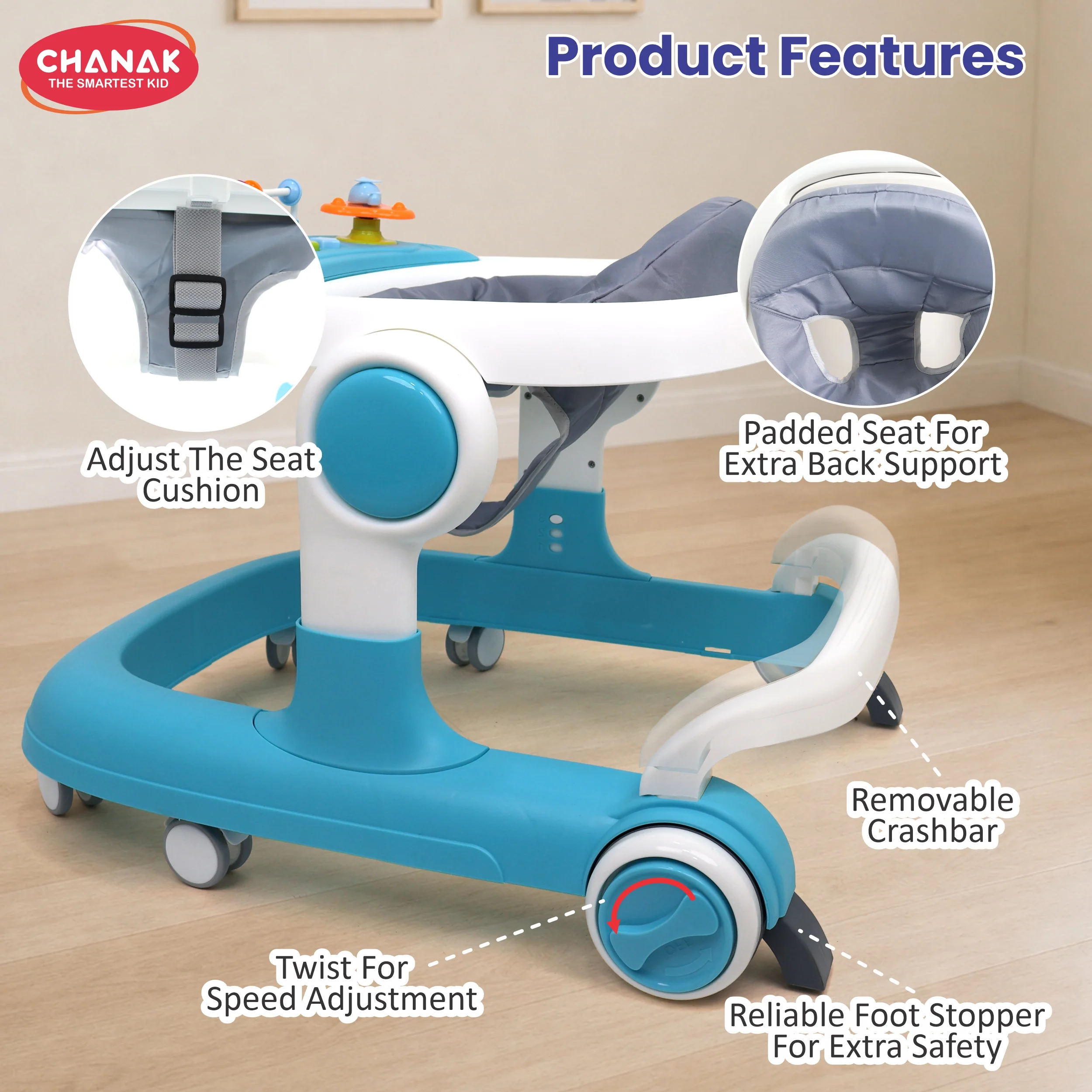 Chanak Baby Walker for 6-18 Months | Adjustable Height Foldable Push Walker with Music & Detachable Food Tray – BIS Approved - Image 5