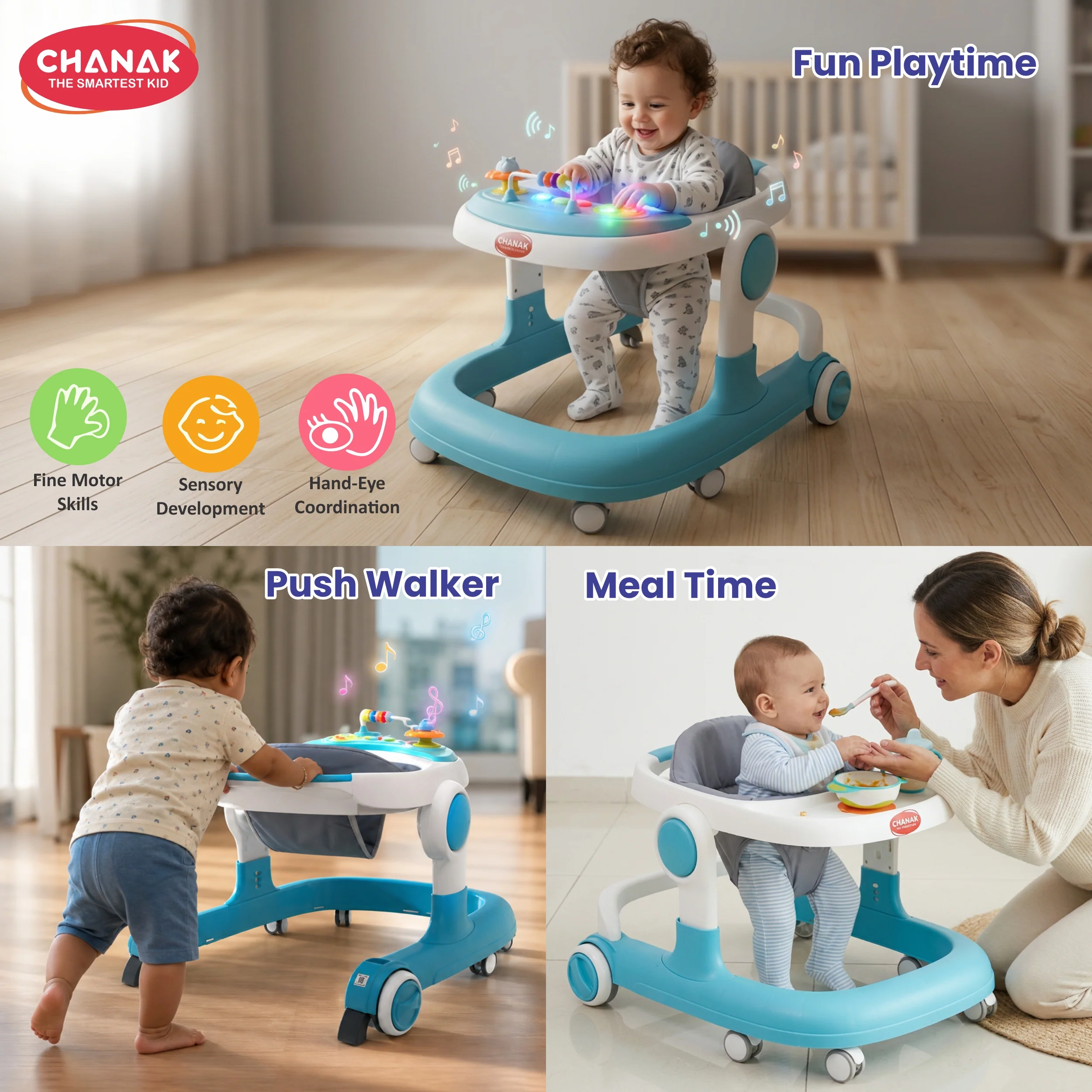 Chanak Baby Walker for 6-18 Months | Adjustable Height Foldable Push Walker with Music & Detachable Food Tray – BIS Approved - Image 6