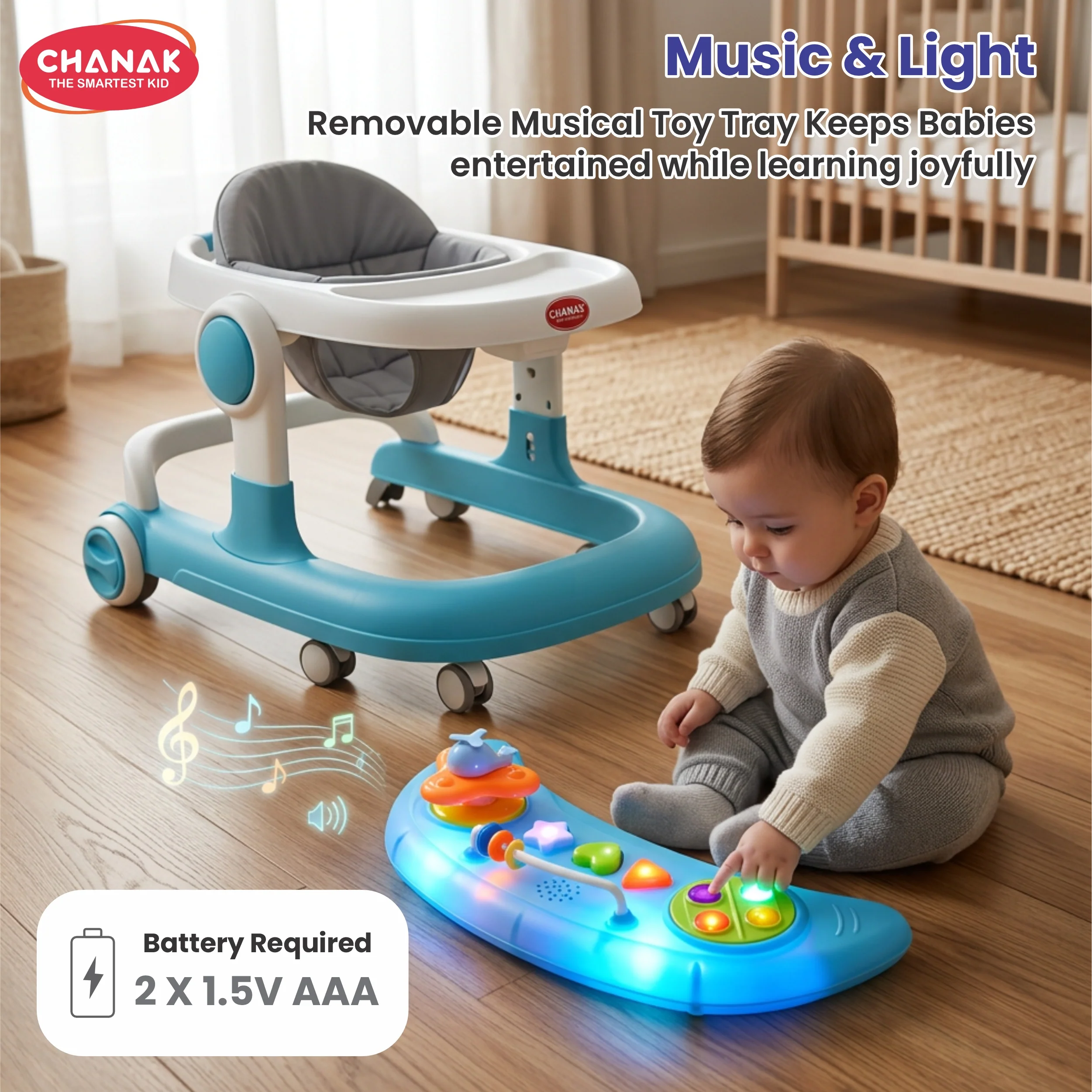 Chanak Baby Walker for 6-18 Months | Adjustable Height Foldable Push Walker with Music & Detachable Food Tray – BIS Approved - Image 8