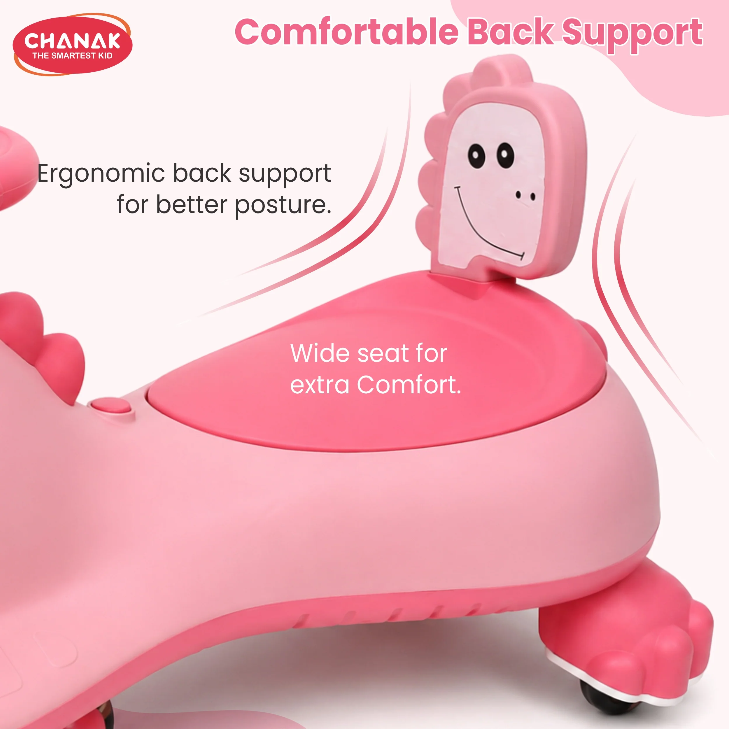 Chanak Dino Swing Ride-On Car for Kids 3+ Years | 360° Wheels, Lights & Music Animal Shape Wiggle Car – BIS Approved (Pink) - Image 7