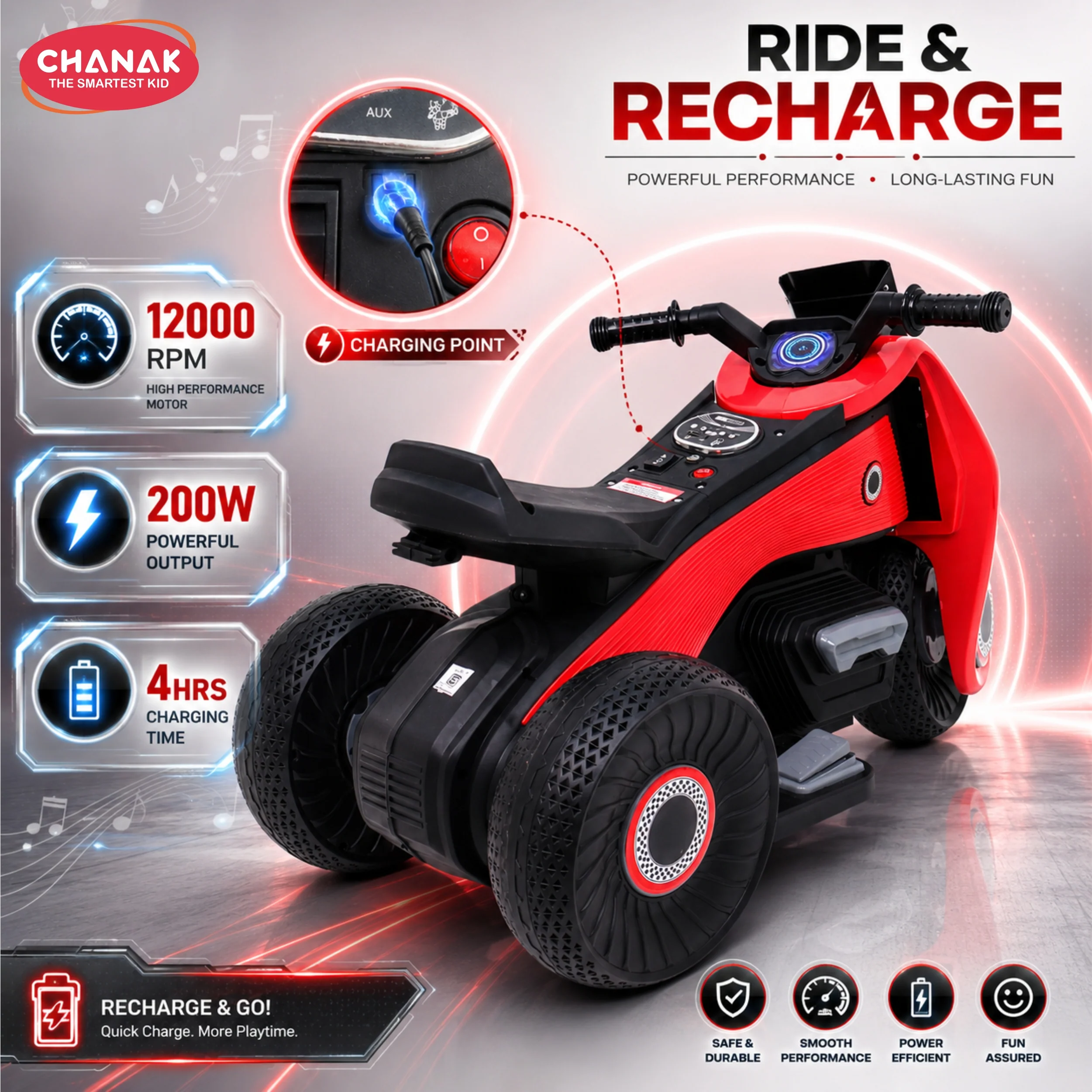 Chanak Electric Ride-On Bike for Kids 3+ Years | 6V Rechargeable 3-Wheel Scooter with Wide Tyres – BIS Approved (Red) – 6 Month Replacement Warranty - Image 3