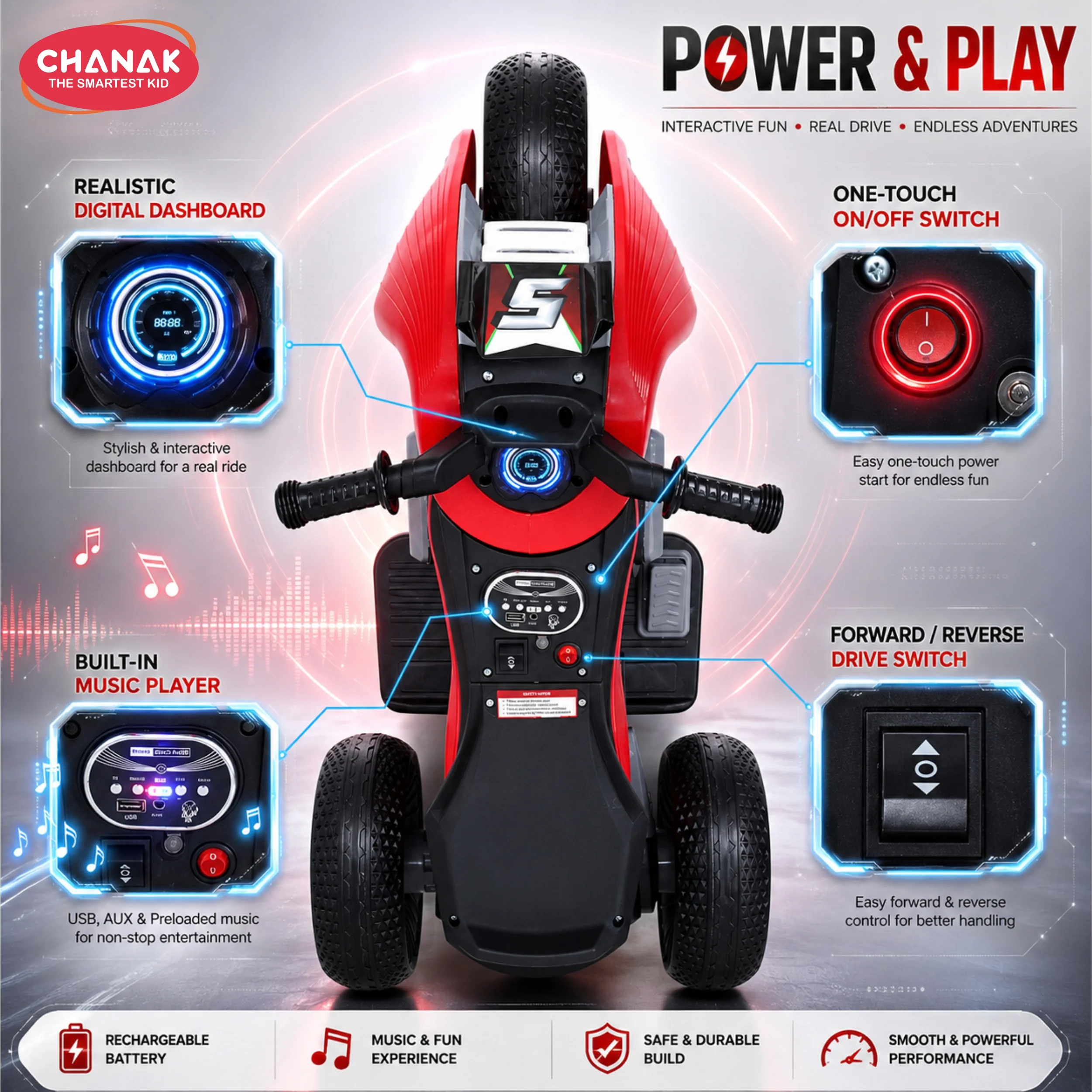 Chanak Electric Ride-On Bike for Kids 3+ Years | 6V Rechargeable 3-Wheel Scooter with Wide Tyres – BIS Approved (Red) – 6 Month Replacement Warranty - Image 4