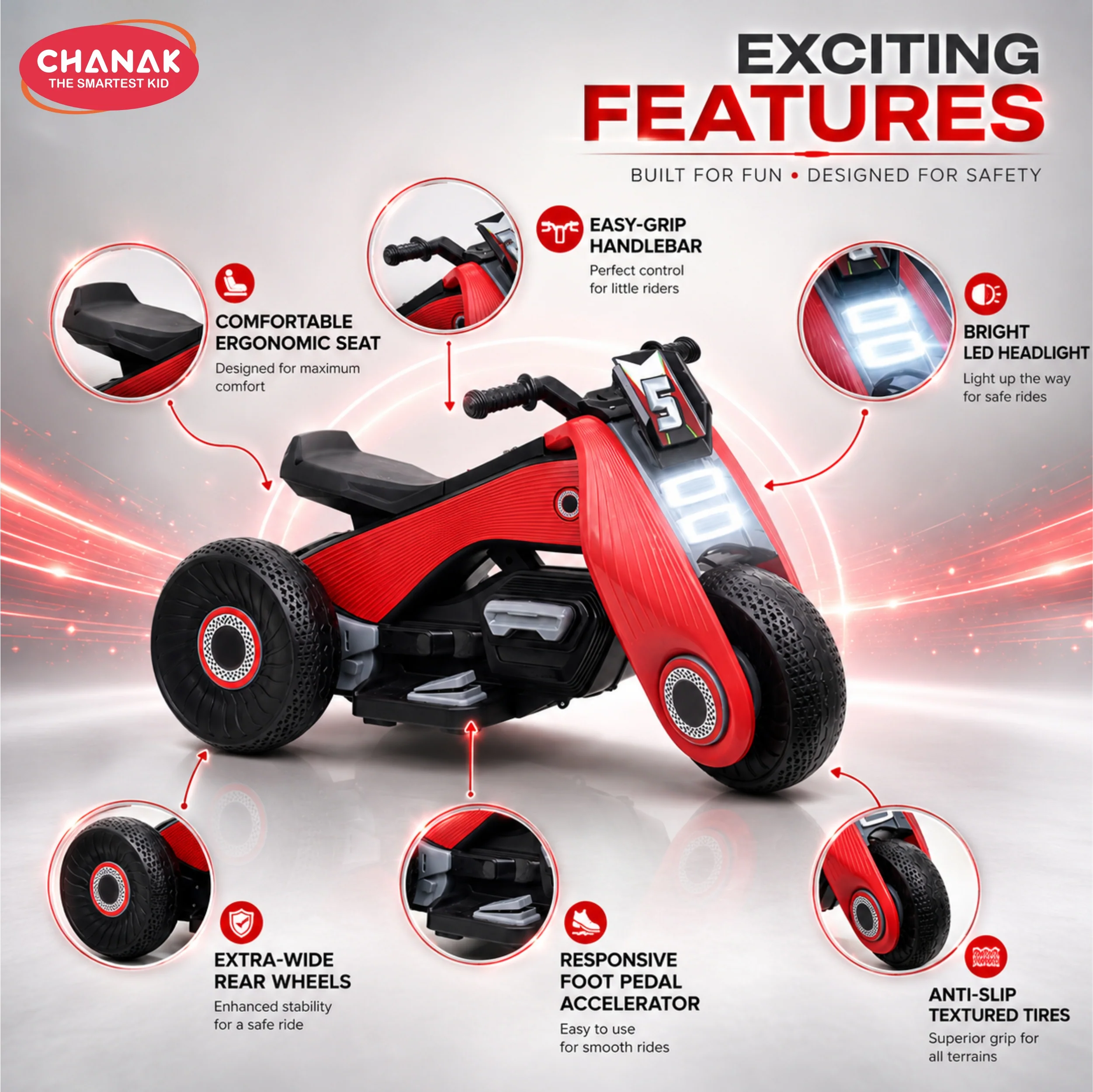 Chanak Electric Ride-On Bike for Kids 3+ Years | 6V Rechargeable 3-Wheel Scooter with Wide Tyres – BIS Approved (Red) – 6 Month Replacement Warranty - Image 5