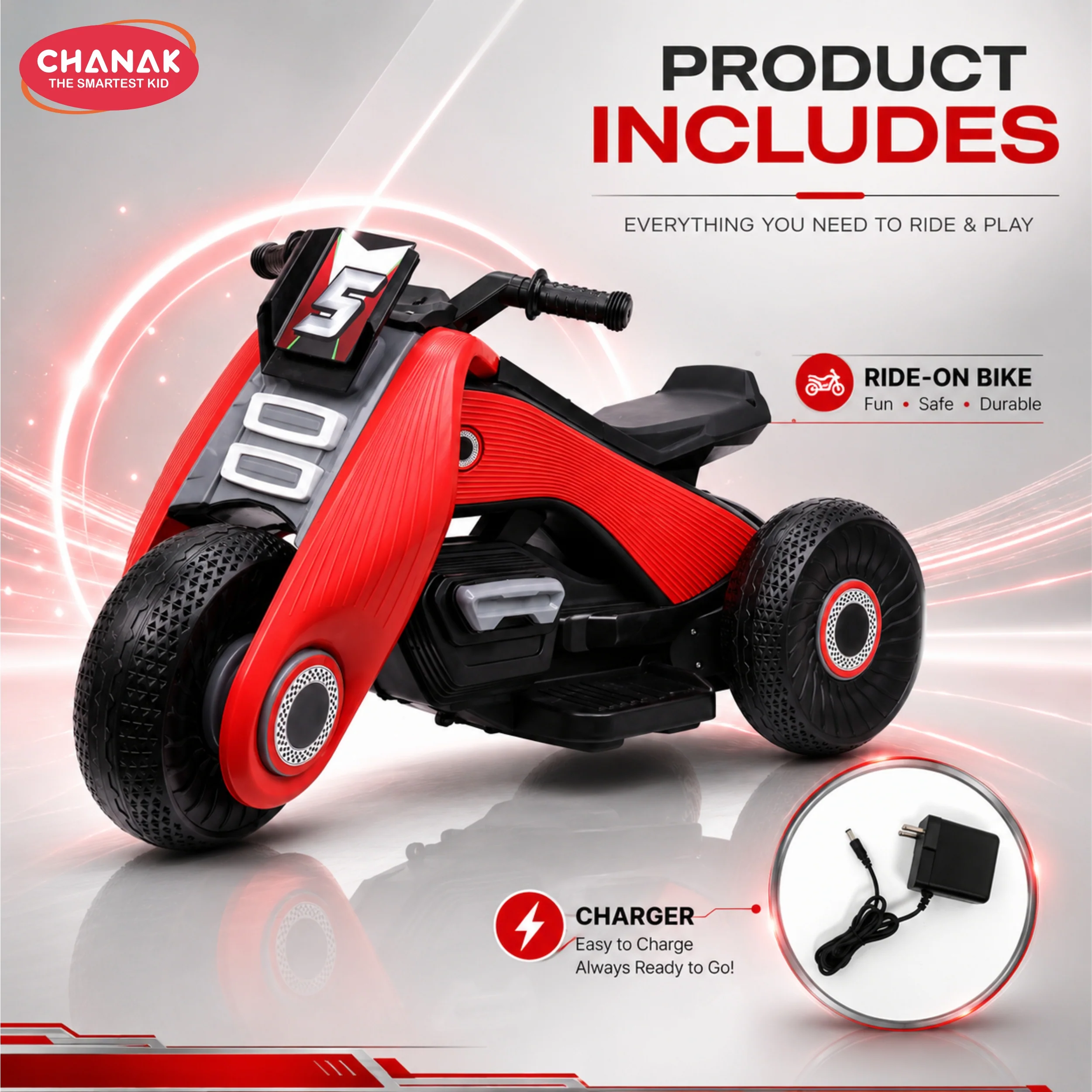 Chanak Electric Ride-On Bike for Kids 3+ Years | 6V Rechargeable 3-Wheel Scooter with Wide Tyres – BIS Approved (Red) – 6 Month Replacement Warranty - Image 6