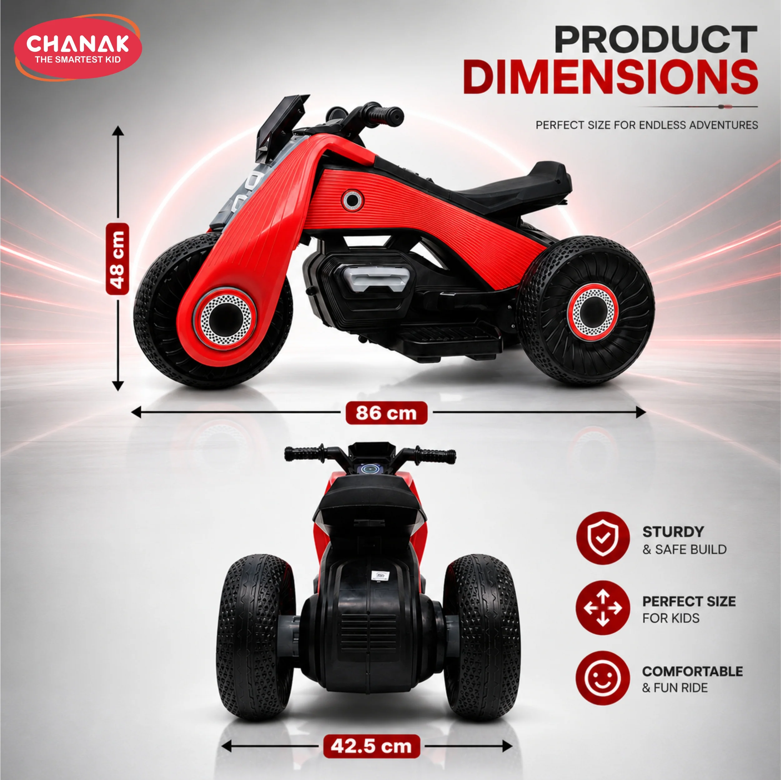 Chanak Electric Ride-On Bike for Kids 3+ Years | 6V Rechargeable 3-Wheel Scooter with Wide Tyres – BIS Approved (Red) – 6 Month Replacement Warranty - Image 7