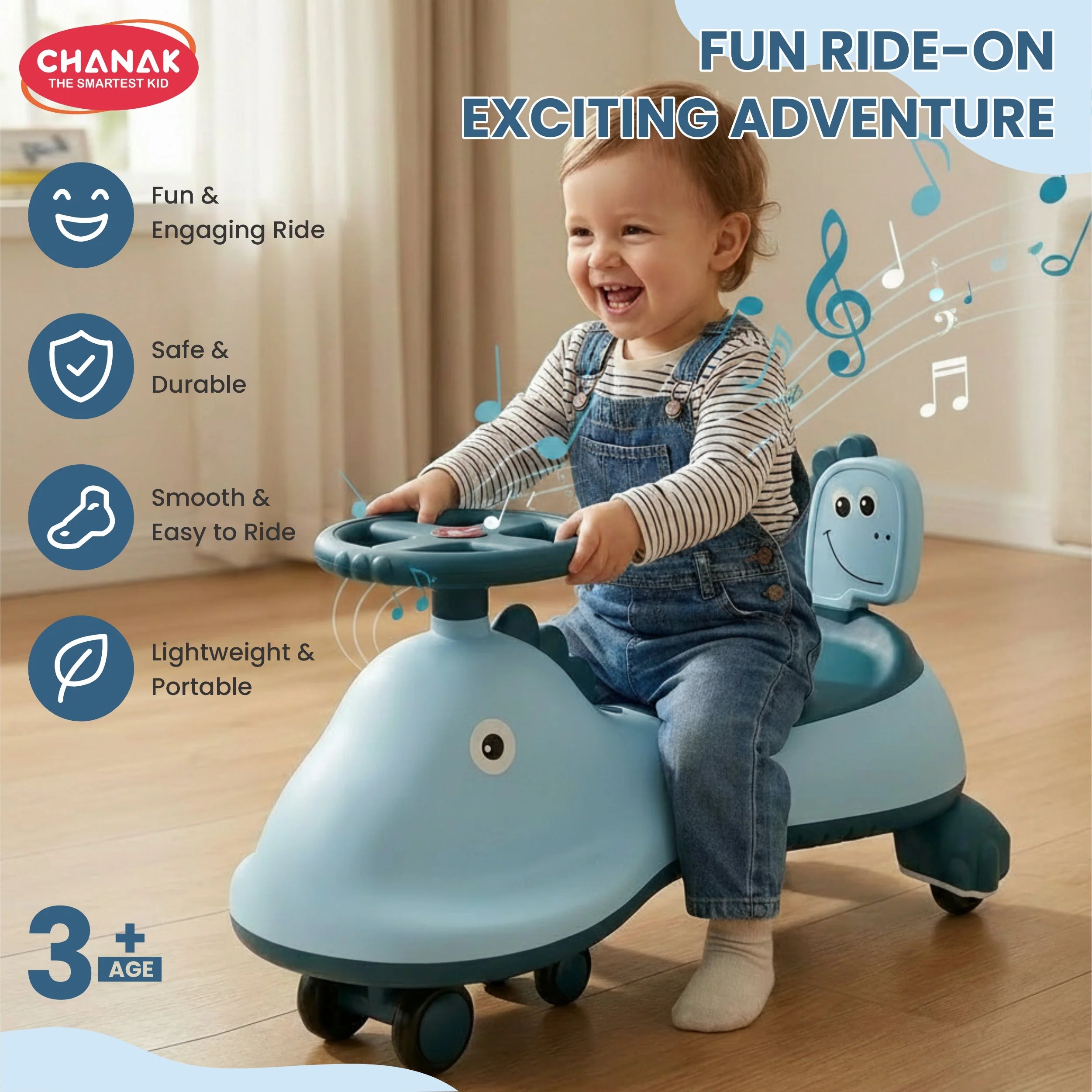 Chanak Dino Swing Ride-On Car for Kids 3+ Years | 360° Wheels, Lights & Music Animal Shape Wiggle Car – BIS Approved - Image 10
