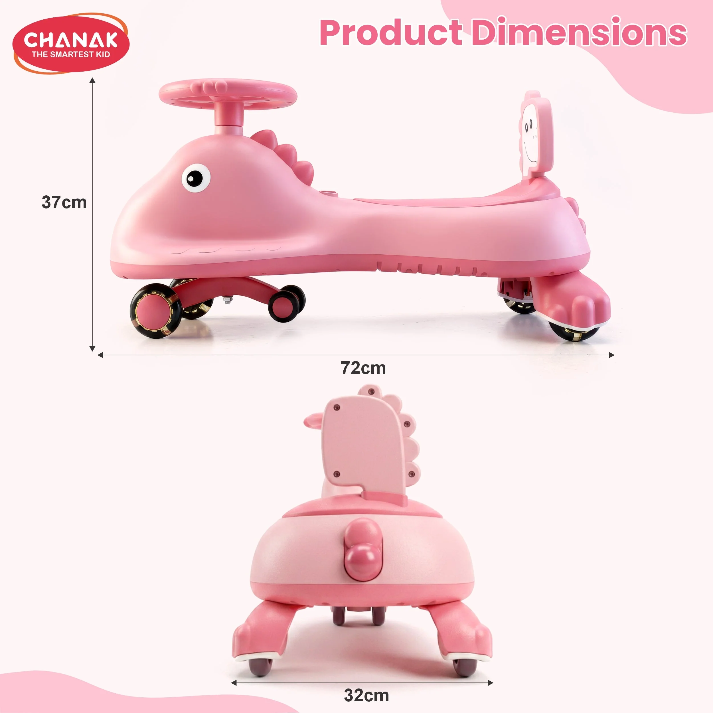 Chanak Dino Swing Ride-On Car for Kids 3+ Years | 360° Wheels, Lights & Music Animal Shape Wiggle Car – BIS Approved - Image 12