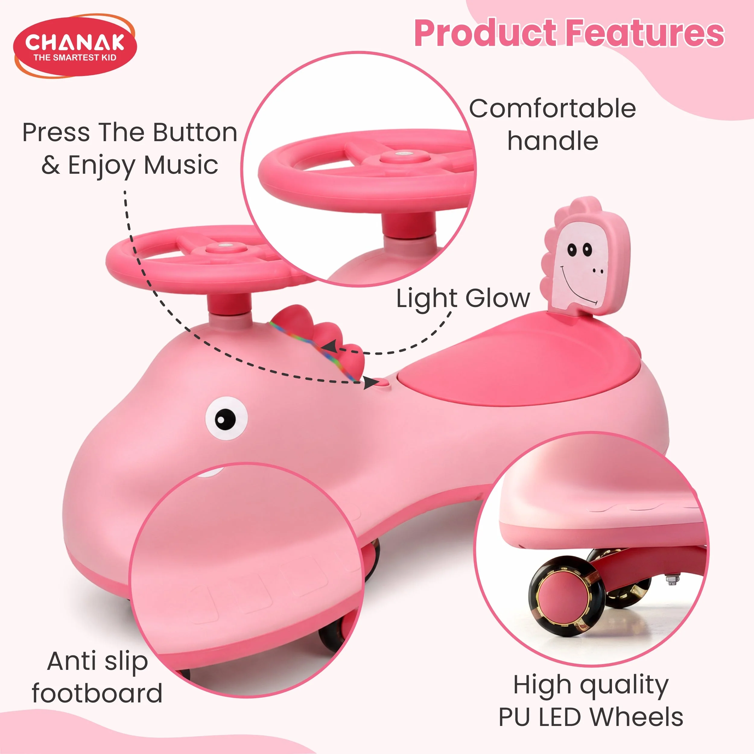 Chanak Dino Swing Ride-On Car for Kids 3+ Years | 360° Wheels, Lights & Music Animal Shape Wiggle Car – BIS Approved - Image 15
