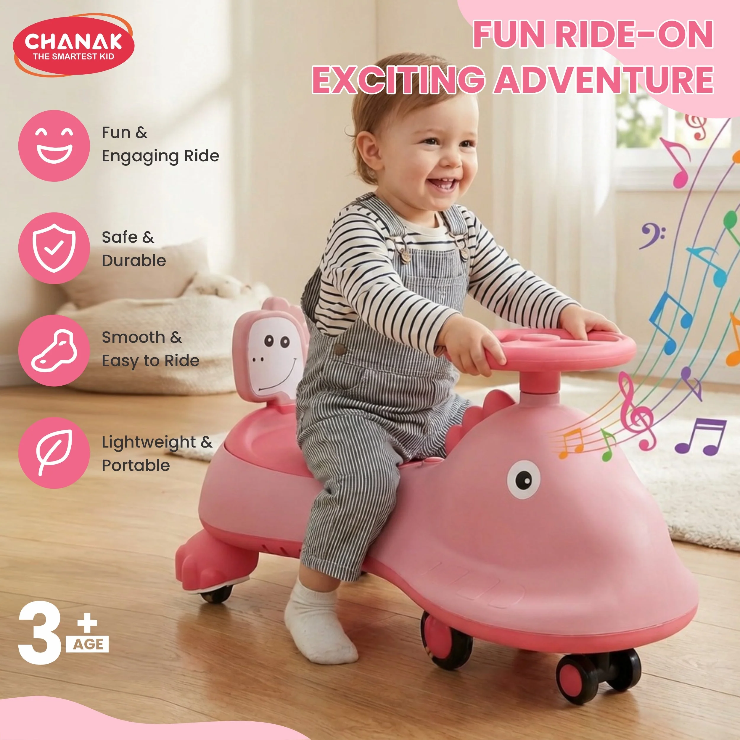 Chanak Dino Swing Ride-On Car for Kids 3+ Years | 360° Wheels, Lights & Music Animal Shape Wiggle Car – BIS Approved - Image 18