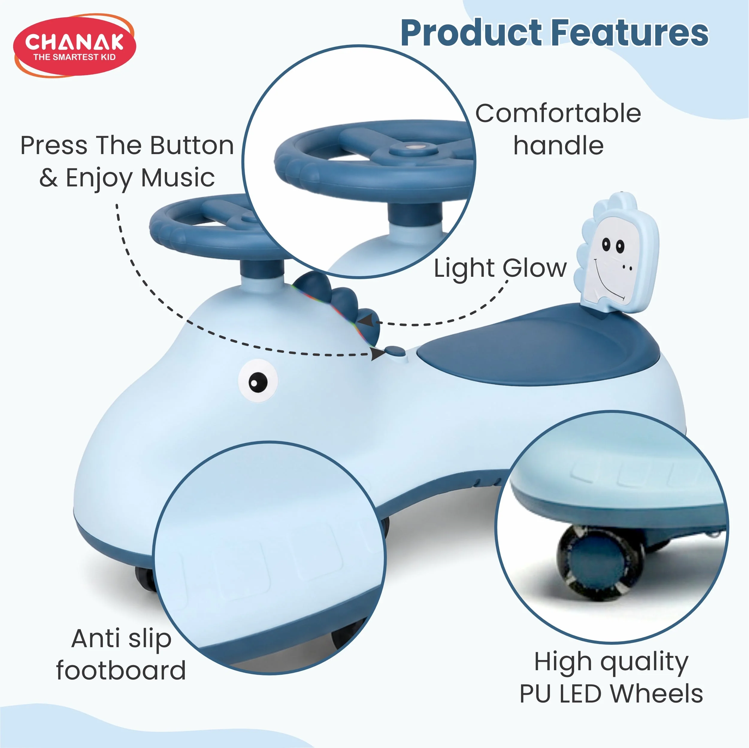 Chanak Dino Swing Ride-On Car for Kids 3+ Years | 360° Wheels, Lights & Music Animal Shape Wiggle Car – BIS Approved - Image 5