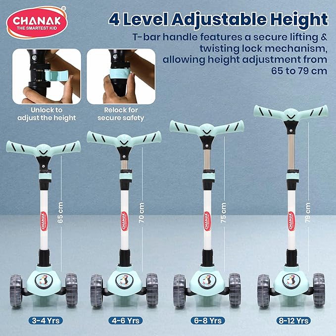 Chanak 3-Wheel Kick Scooter for Kids 5+ Years | LED Wheels, Foldable, 4-Height Adjustable – BIS Approved (Black-Blue) - Image 3