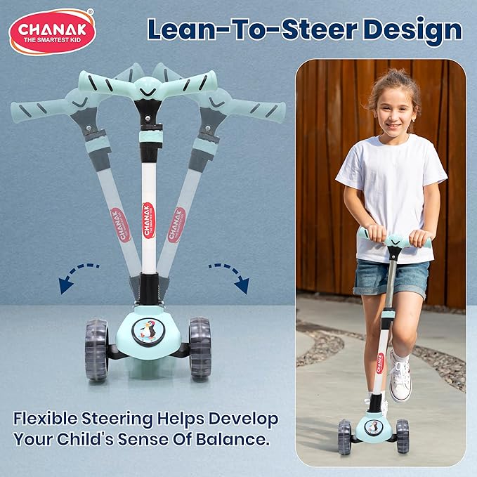 Chanak 3-Wheel Kick Scooter for Kids 5+ Years | LED Wheels, Foldable, 4-Height Adjustable – BIS Approved (Black-Blue) - Image 4