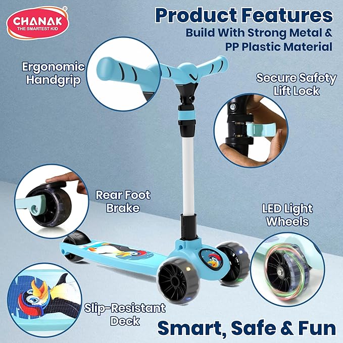 Chanak 3-Wheel Kick Scooter for Kids 5+ Years | LED Wheels, Foldable, 4-Height Adjustable – BIS Approved (Black-Blue) - Image 5