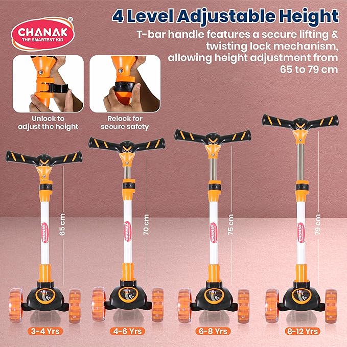 Chanak 3-Wheel Kick Scooter for Kids 5+ Years | LED Wheels, Foldable, 4-Height Adjustable – BIS Approved (Orange-Black) - Image 3