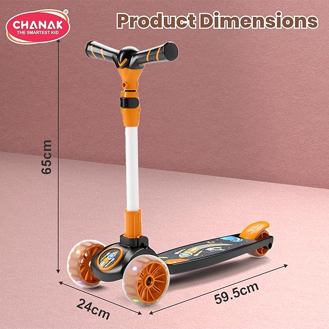 Chanak 3-Wheel Kick Scooter for Kids 5+ Years | LED Wheels, Foldable, 4-Height Adjustable – BIS Approved (Orange-Black) - Image 4