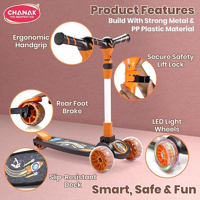 Chanak 3-Wheel Kick Scooter for Kids 5+ Years | LED Wheels, Foldable, 4-Height Adjustable – BIS Approved (Orange-Black) - Image 5