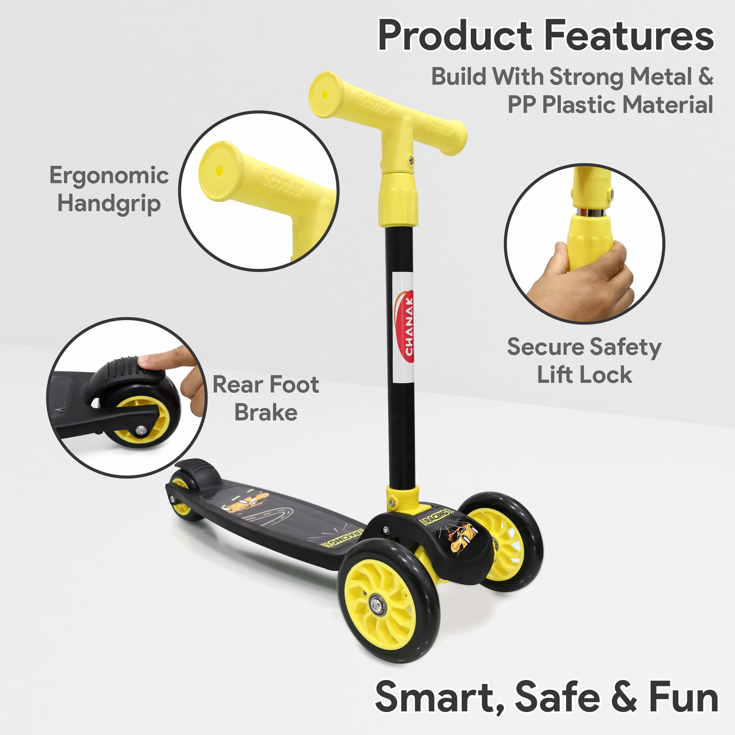 Chanak 3-Wheel Kick Scooter for Kids 5+ Years | Foldable, 4-Height Adjustable with Rear Brake – BIS Approved (Black) - Image 3