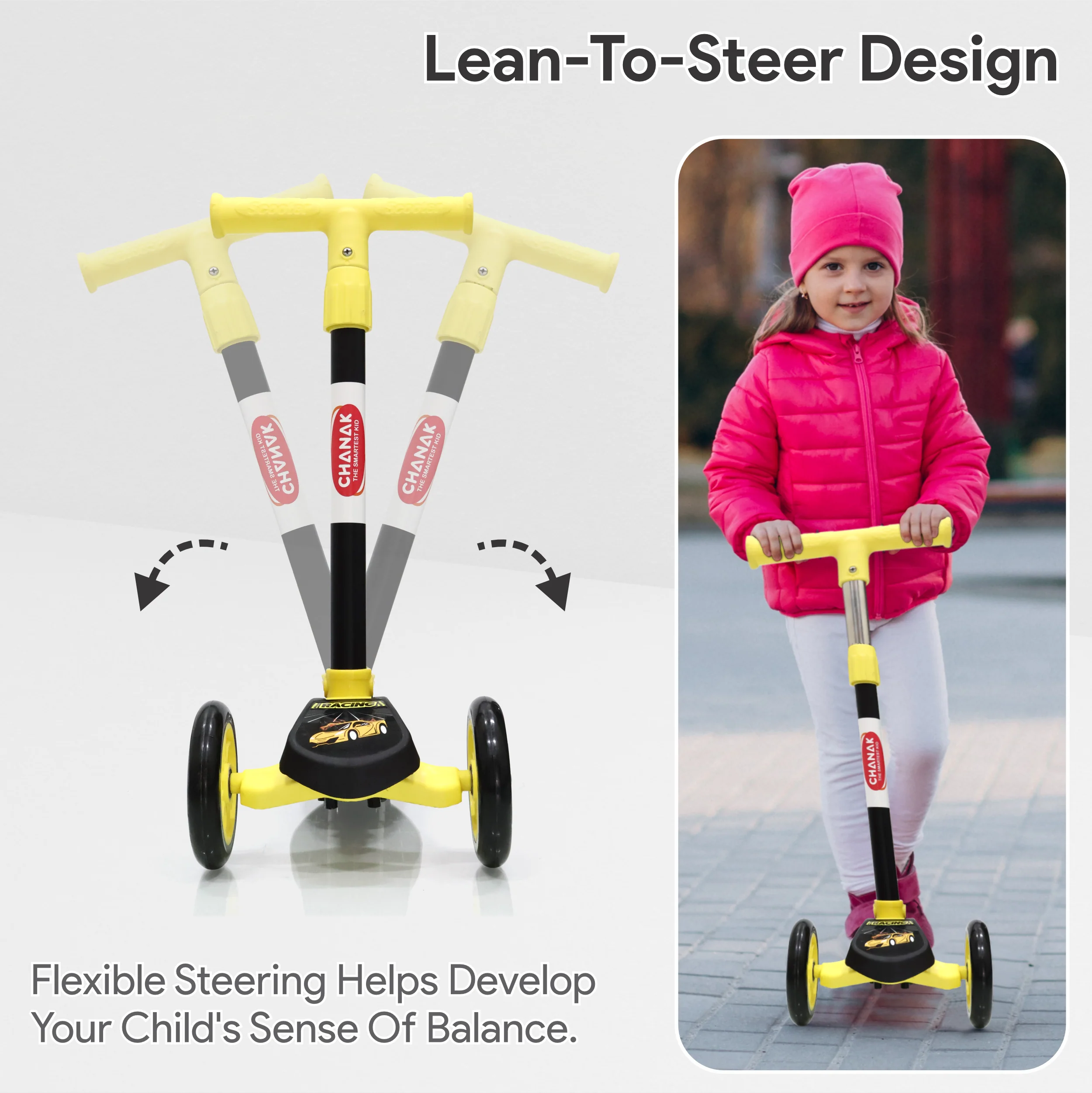 Chanak 3-Wheel Kick Scooter for Kids 5+ Years | Foldable, 4-Height Adjustable with Rear Brake – BIS Approved (Black) - Image 5