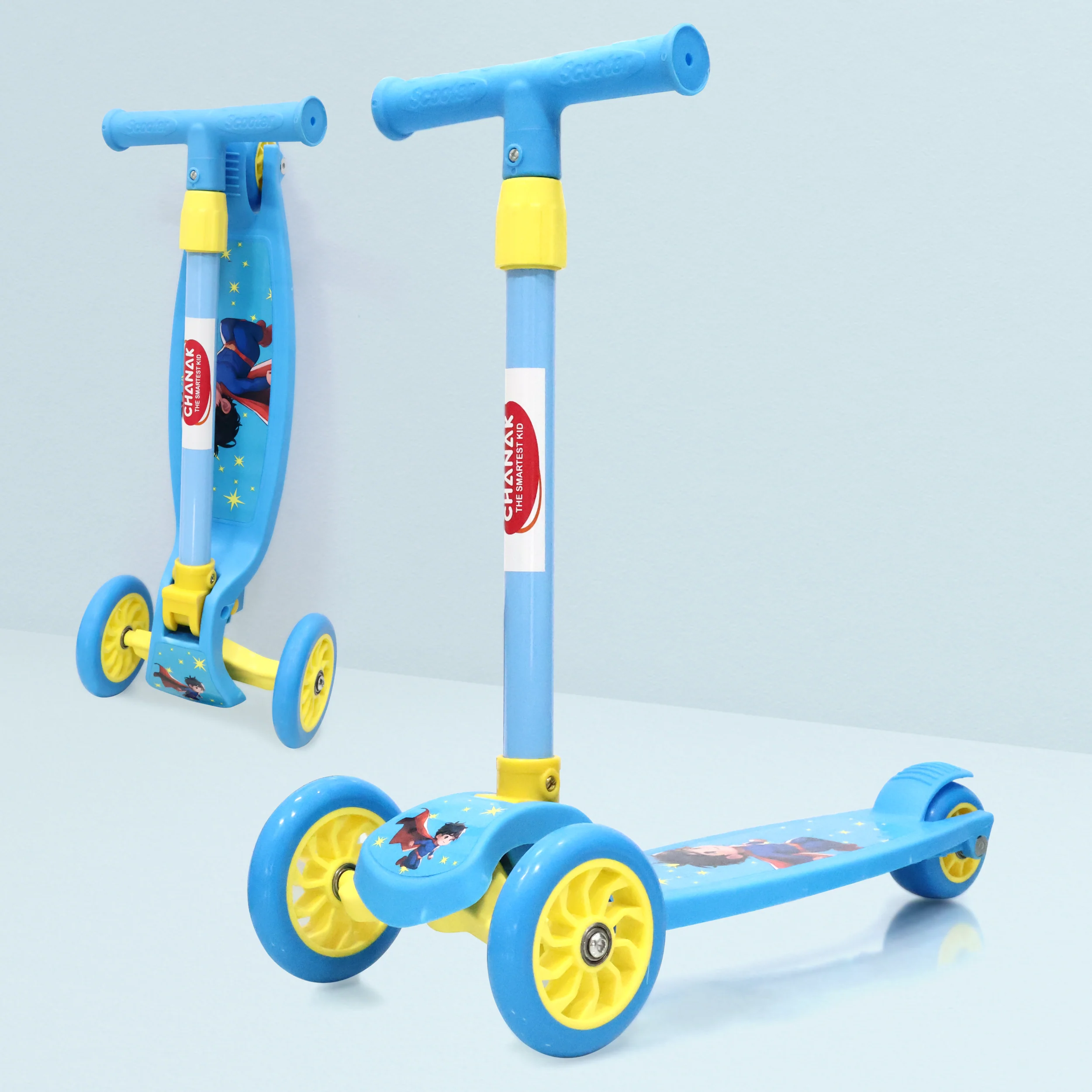 Chanak 3-Wheel Kick Scooter for Kids 5+ Years | Foldable, 4-Height Adjustable with Rear Brake – BIS Approved (Blue)