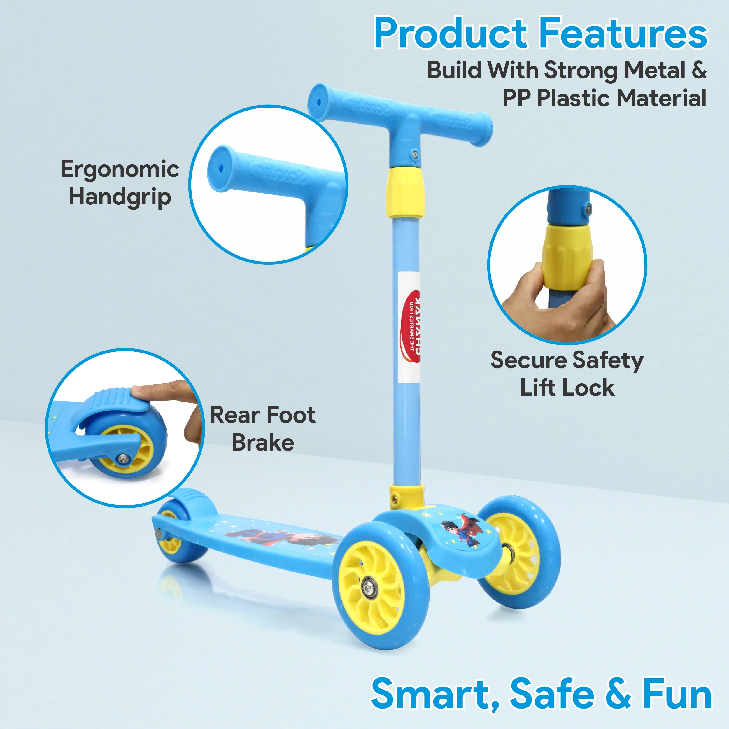 Chanak 3-Wheel Kick Scooter for Kids 5+ Years | Foldable, 4-Height Adjustable with Rear Brake – BIS Approved (Blue) - Image 4