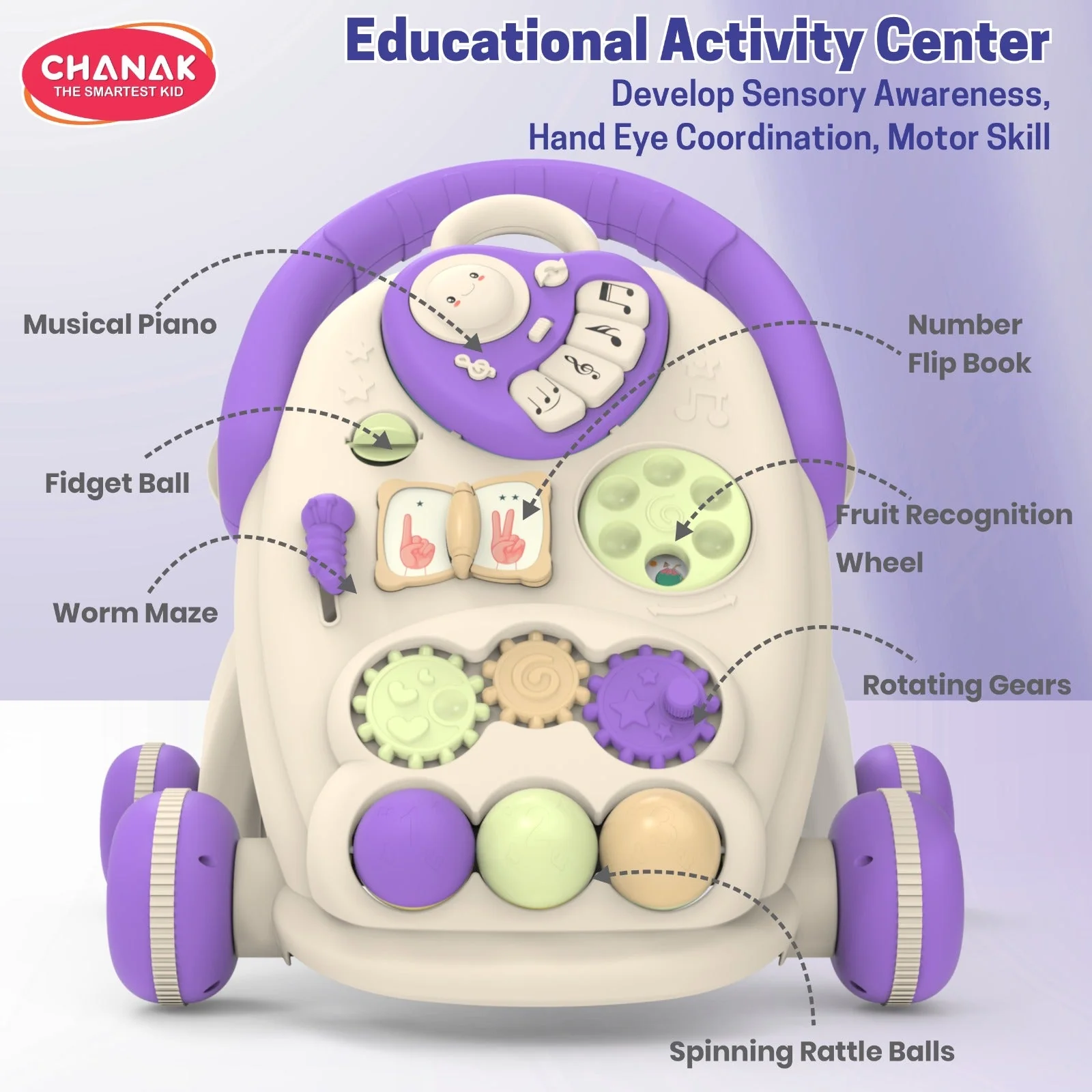 Chanak Happy Feet Baby Walker for 9+ Months | Adjustable Speed, Anti-Slip Wheels, Music & Activity Centre – BIS Approved (Purple) - Image 2