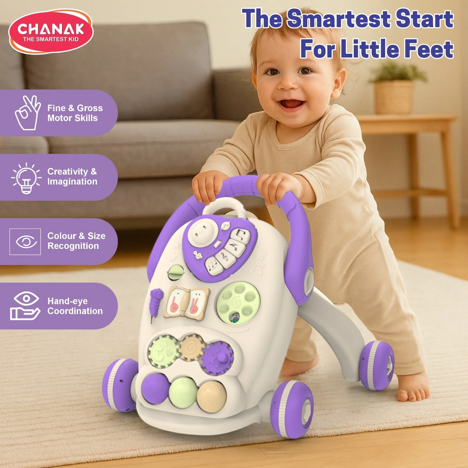 Chanak Happy Feet Baby Walker for 9+ Months | Adjustable Speed, Anti-Slip Wheels, Music & Activity Centre – BIS Approved (Purple) - Image 9