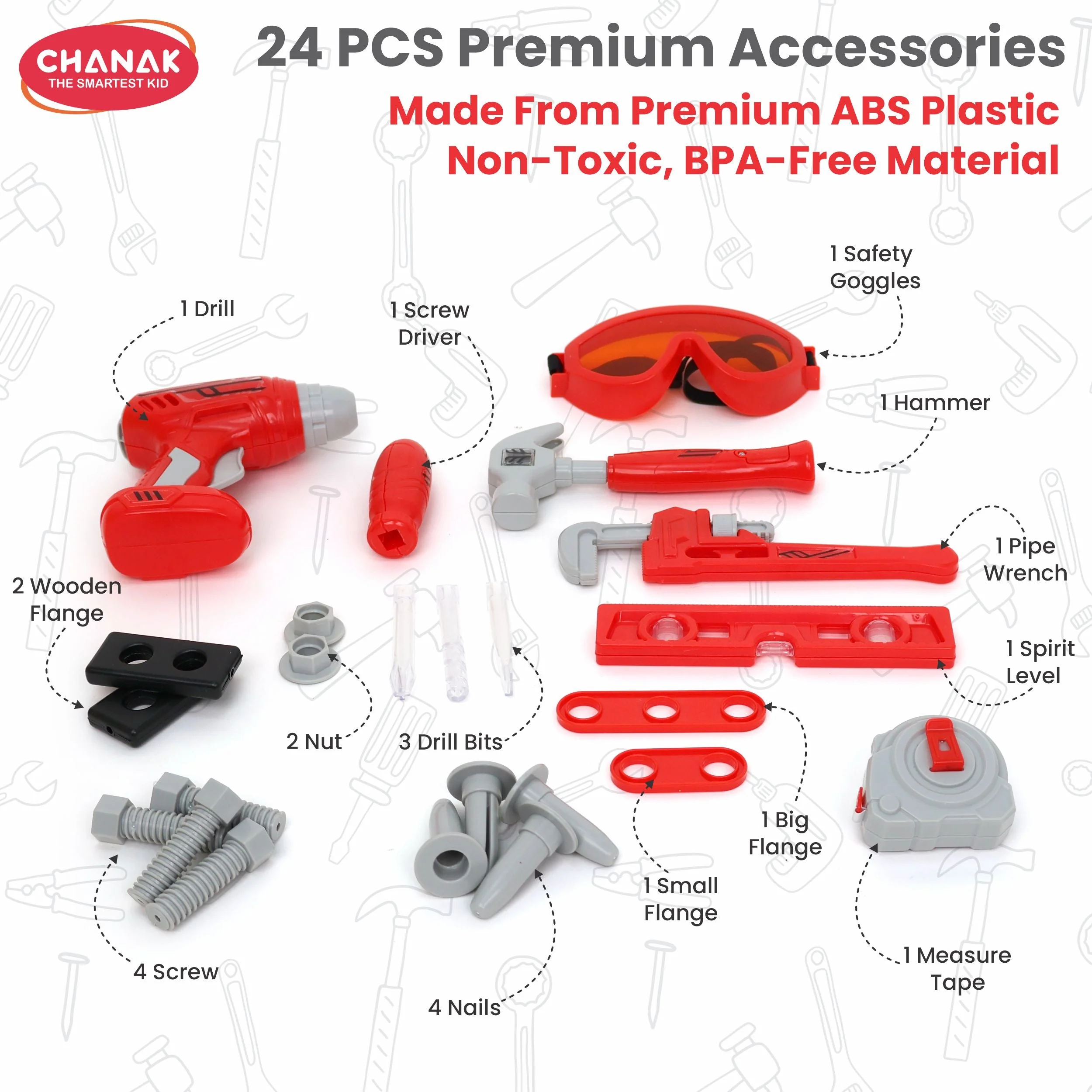 Chanak Mechanical Tool Kit for Kids 3+ Years | 24 Pc LED Instrument Set with Wheel Briefcase – BIS Approved (Red) - Image 3
