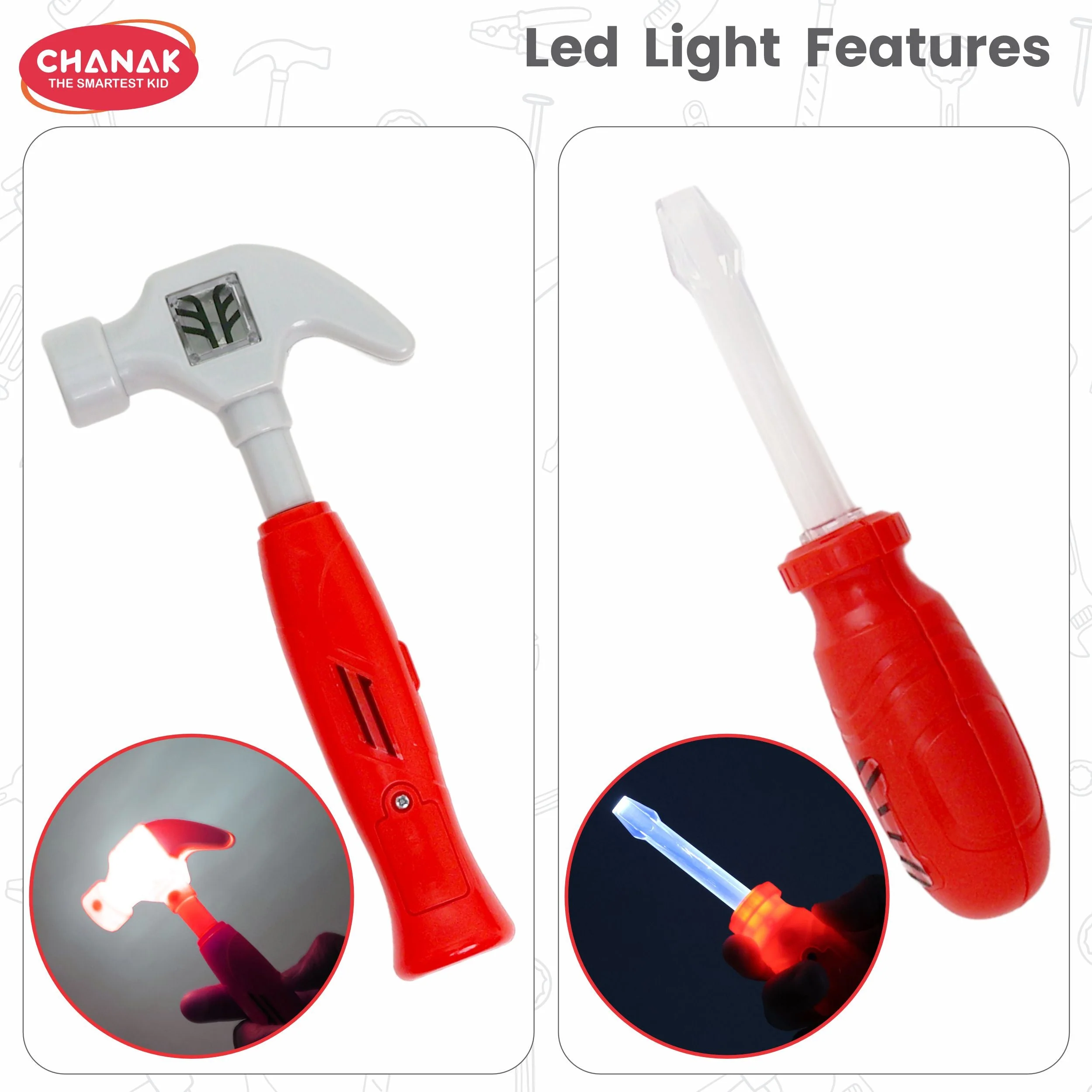Chanak Mechanical Tool Kit for Kids 3+ Years | 24 Pc LED Instrument Set with Wheel Briefcase – BIS Approved (Red) - Image 5