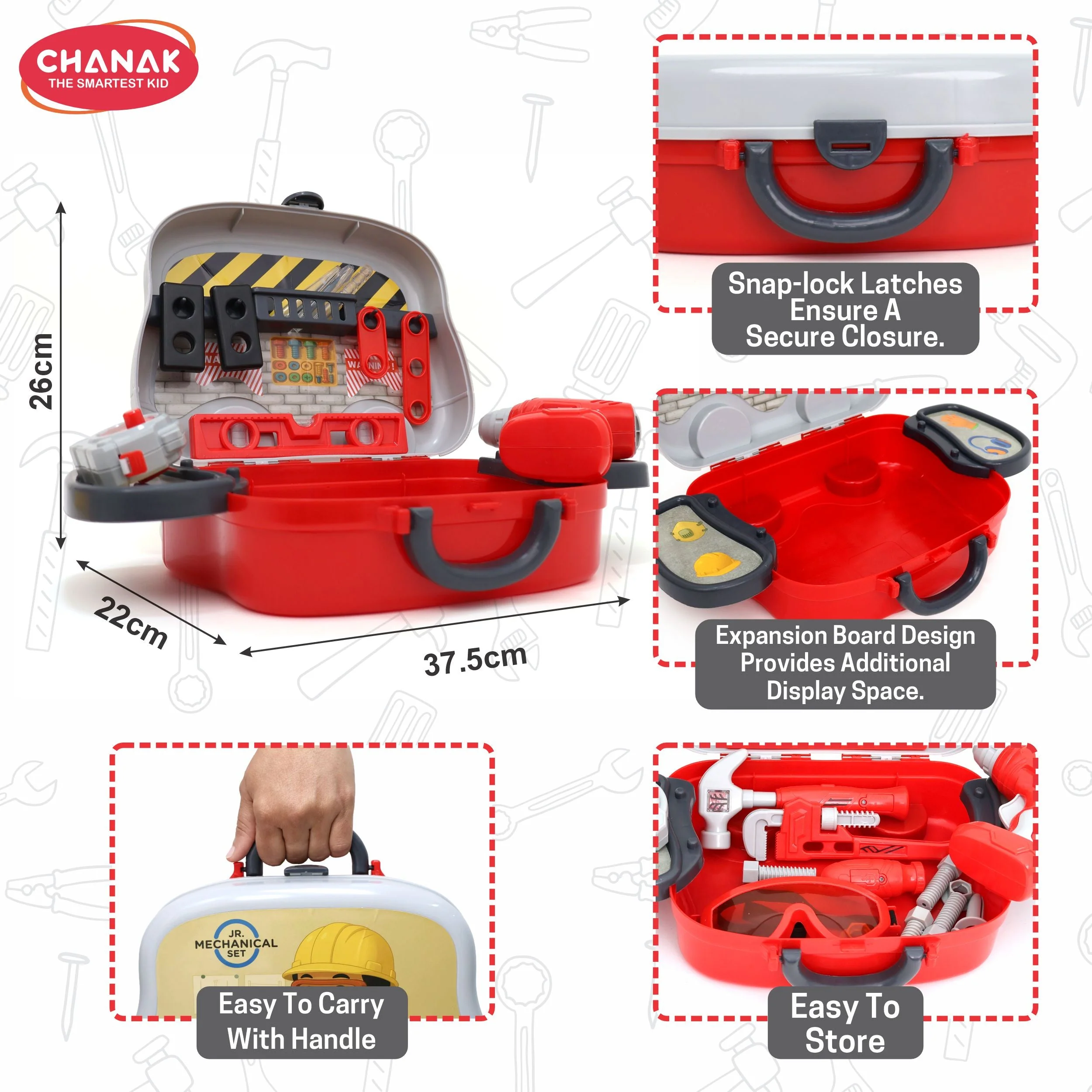 Chanak Mechanical Tool Kit for Kids 3+ Years | 24 Pc LED Instrument Set with Wheel Briefcase – BIS Approved (Red) - Image 6