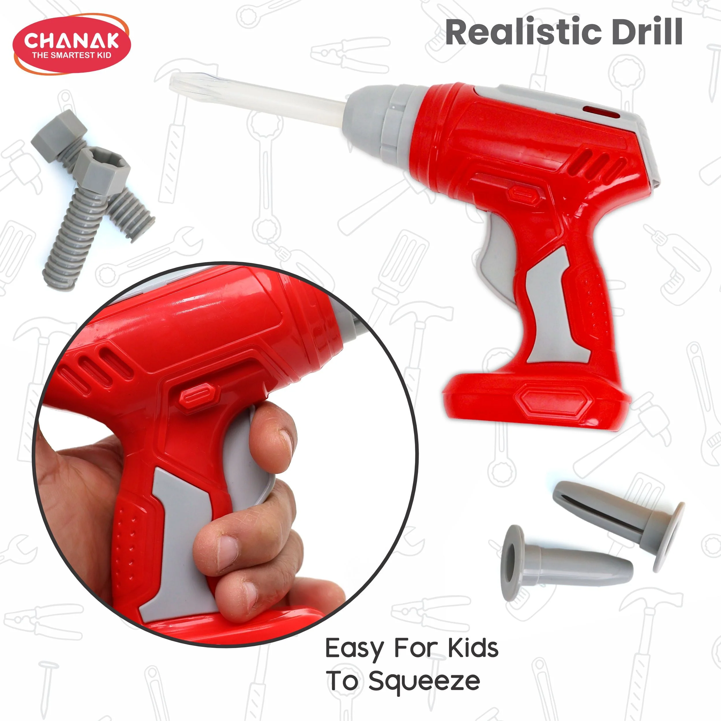 Chanak Mechanical Tool Kit for Kids 3+ Years | 24 Pc LED Instrument Set with Wheel Briefcase – BIS Approved (Red) - Image 7