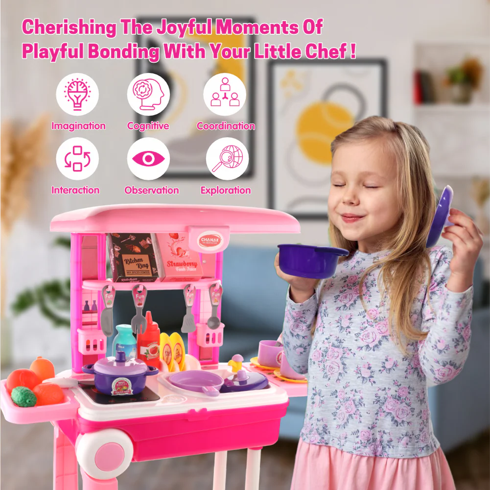 Chanak Kitchen Playset for Kids 3+ Years | 24 Pcs Pretend Play Cooking Set with Trolley on Wheels – BIS Approved - Image 9