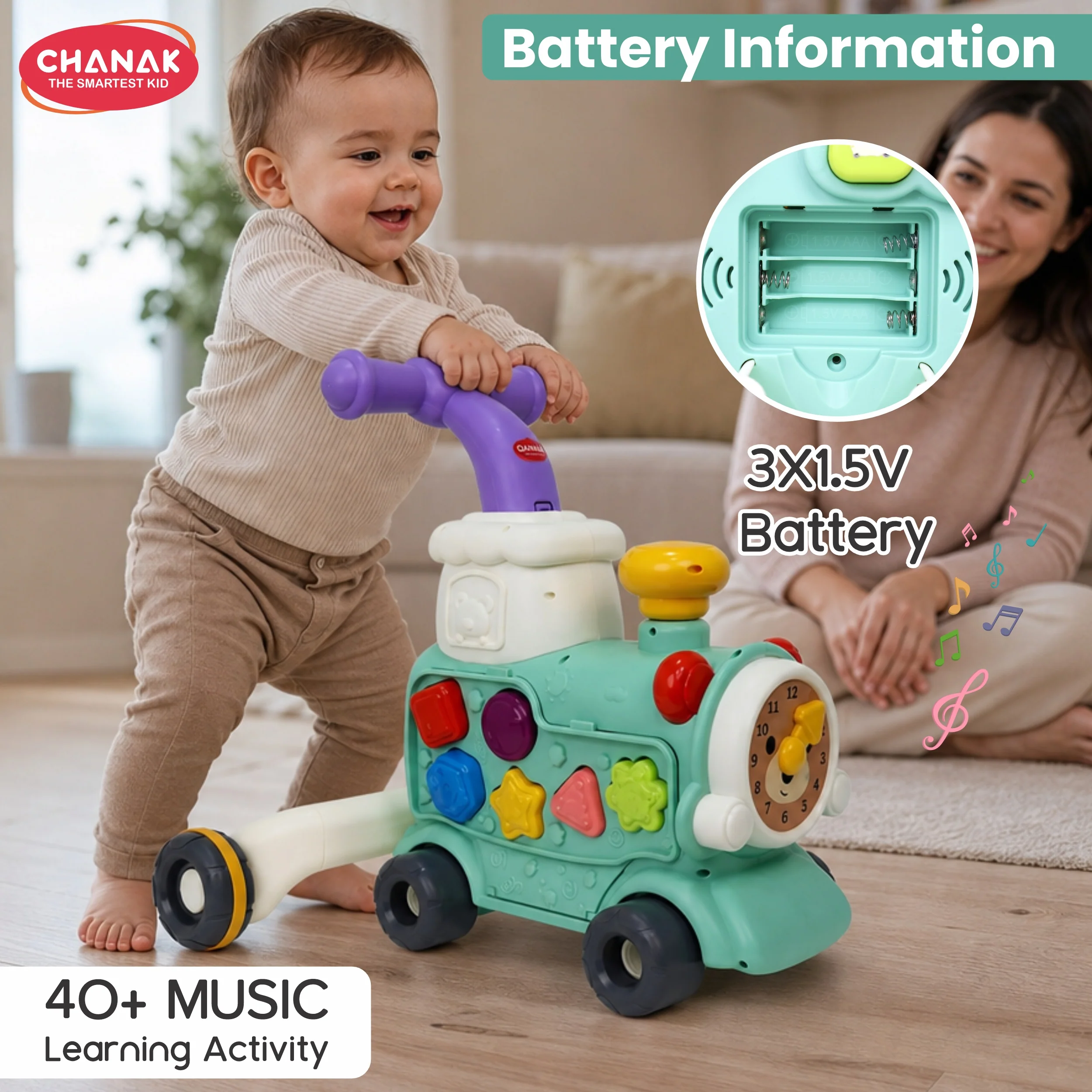 Chanak Mini Tiny Train Baby Walker for 9+ Months | Ride-On with Push & Pull Handle, Music & Animal Sounds – BIS Approved - Image 7