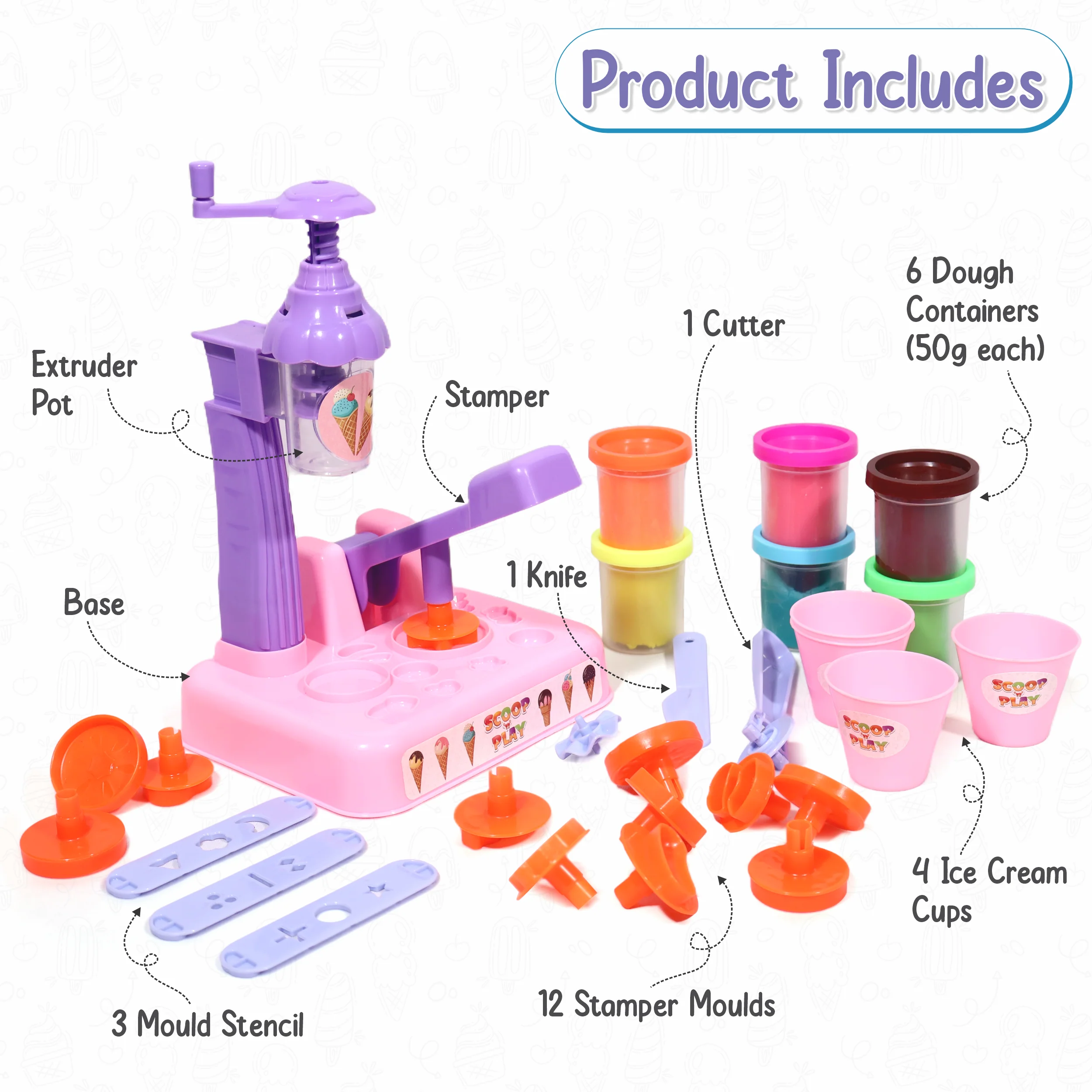 Chanak Play Dough Ice Cream Maker Set for Kids 3+ Years | 6 Colour Non-Toxic Dough Tubes 50g Each – BIS Approved - Image 2
