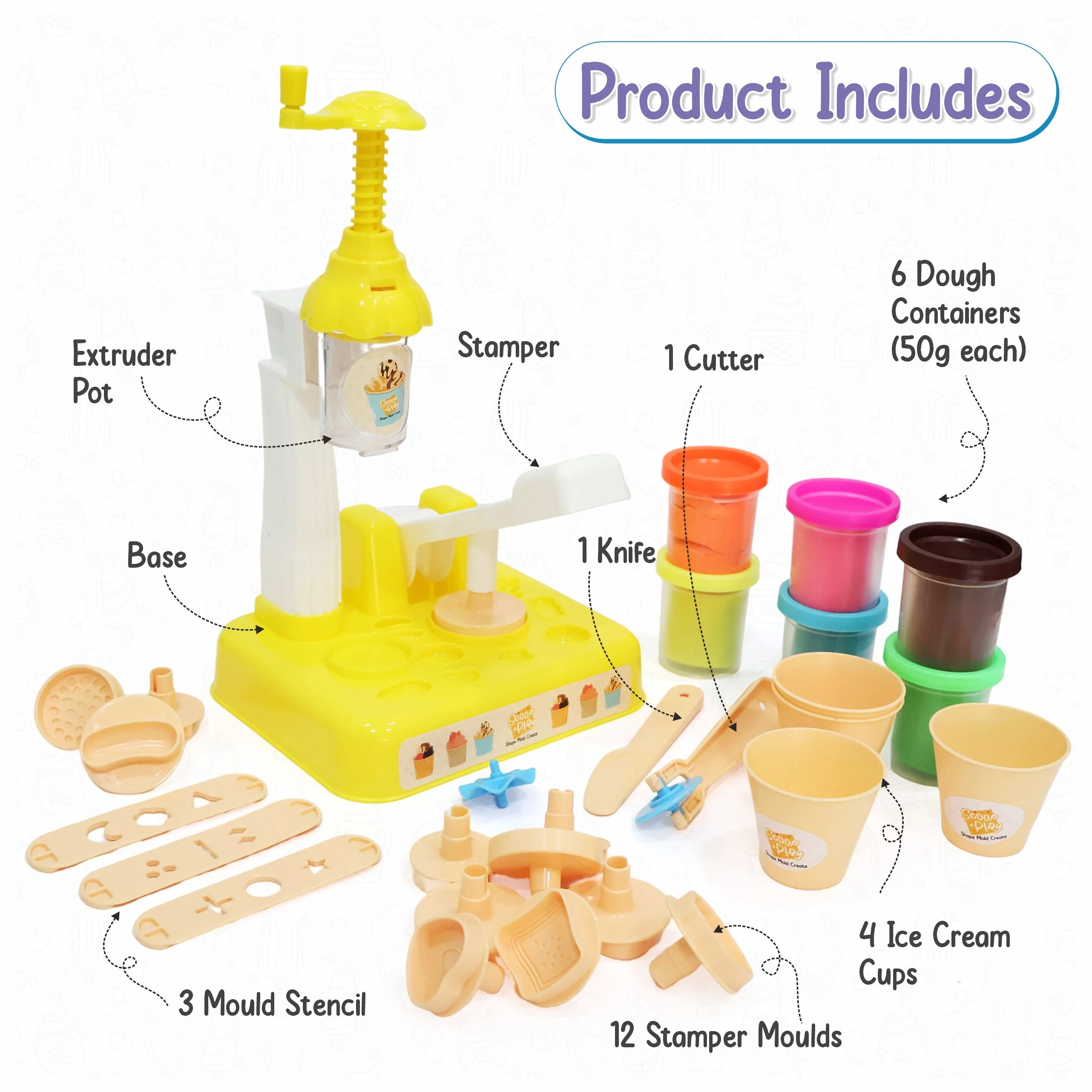 Chanak Play Dough Ice Cream Maker Set for Kids 3+ Years | 6 Colour Non-Toxic Dough Tubes 50g Each – BIS Approved (Yellow) - Image 3