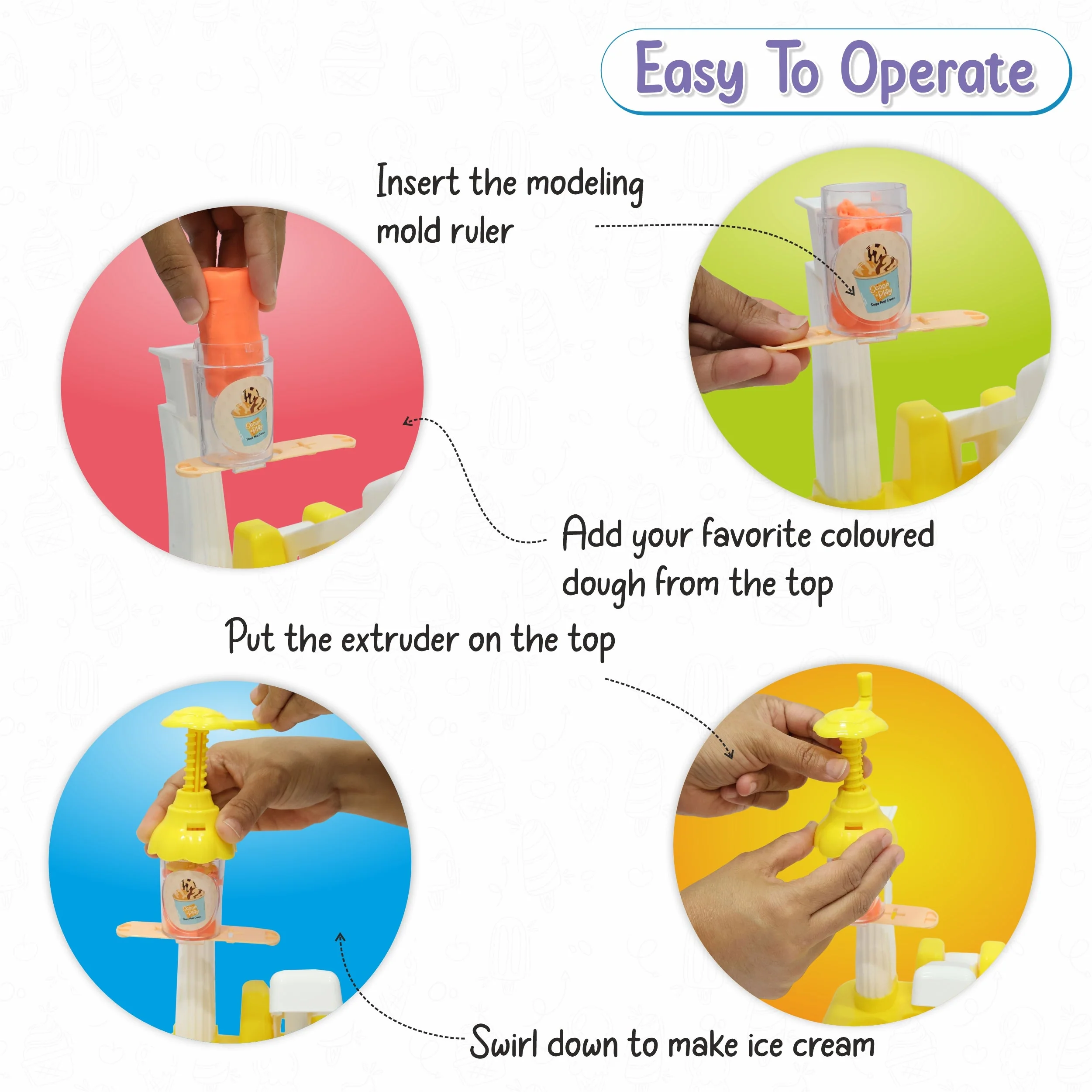Chanak Play Dough Ice Cream Maker Set for Kids 3+ Years | 6 Colour Non-Toxic Dough Tubes 50g Each – BIS Approved (Yellow) - Image 4