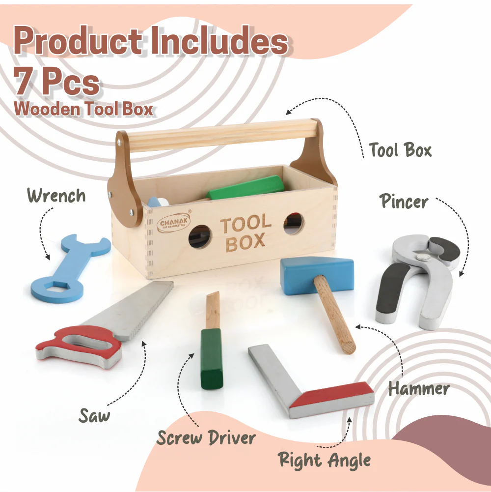 Chanak Wooden Tool Kit for Kids 5+ Years | 7 Pc Pretend Play Montessori Construction Toy Box – BIS Approved - Image 2