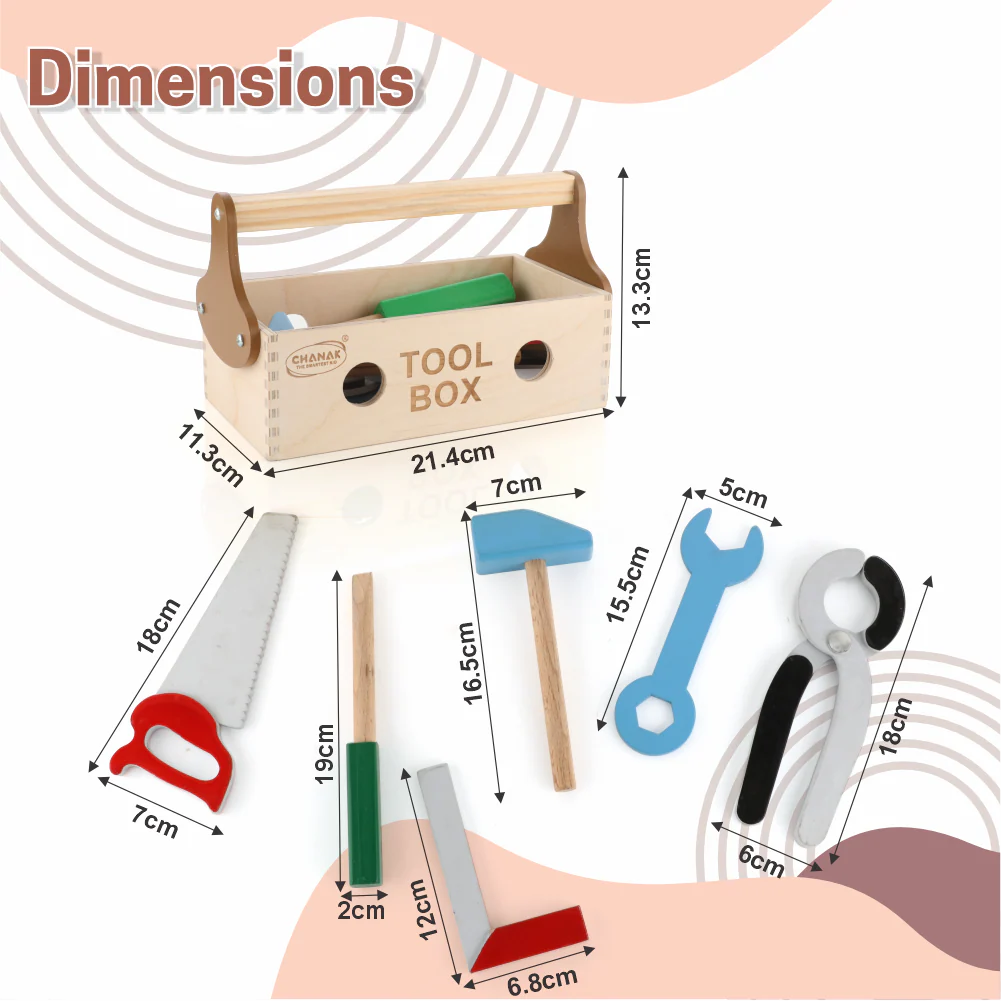 Chanak Wooden Tool Kit for Kids 5+ Years | 7 Pc Pretend Play Montessori Construction Toy Box – BIS Approved - Image 3