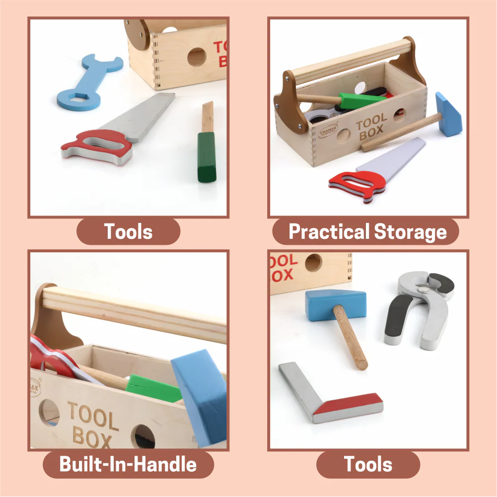 Chanak Wooden Tool Kit for Kids 5+ Years | 7 Pc Pretend Play Montessori Construction Toy Box – BIS Approved - Image 4