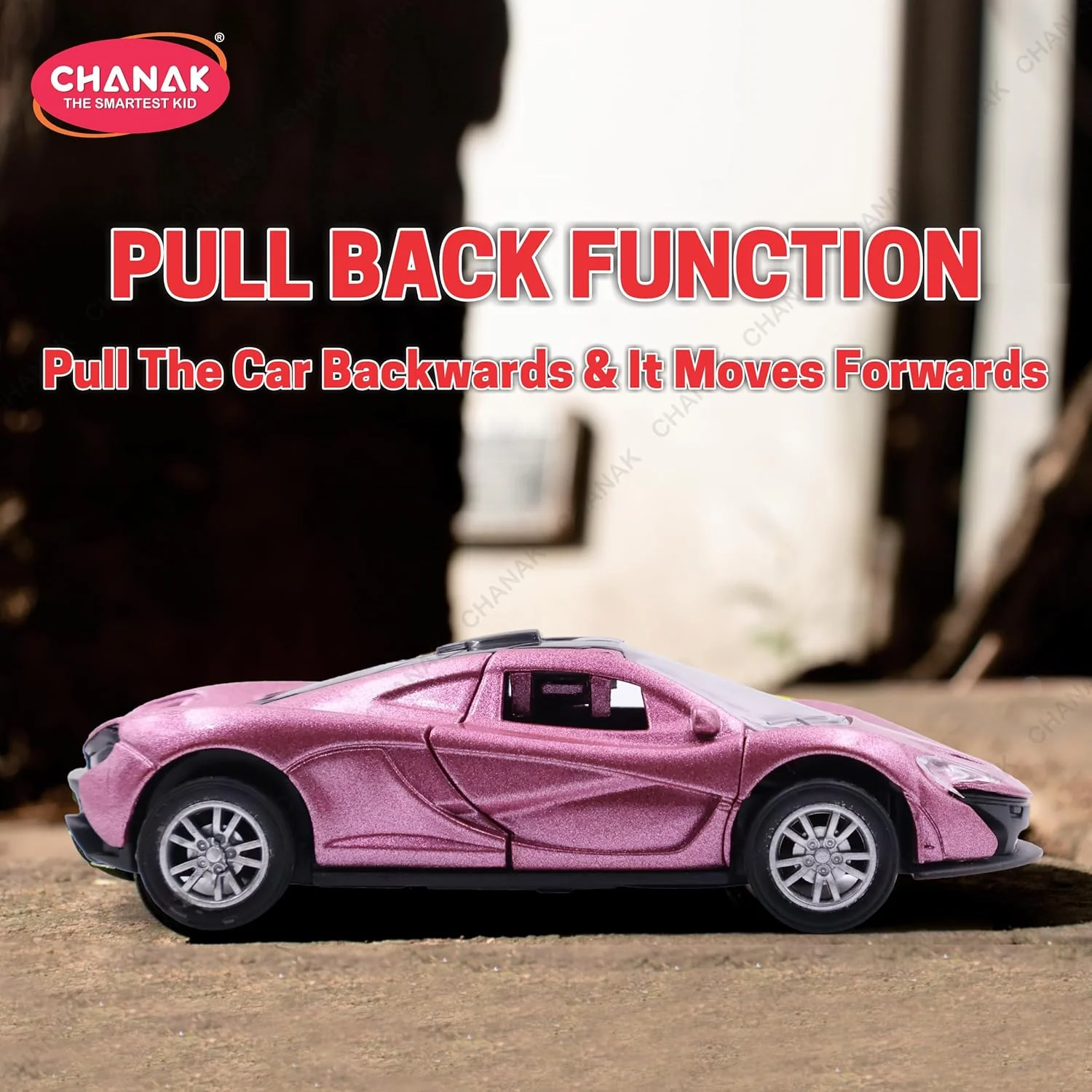 Chanak Die-Cast Metal Pull Back Car for Kids 3+ Years | LED Lights & Realistic Engine Sound – BIS Approved (Pink) - Image 3