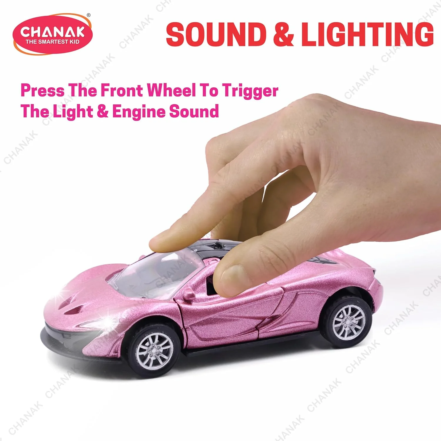 Chanak Die-Cast Metal Pull Back Car for Kids 3+ Years | LED Lights & Realistic Engine Sound – BIS Approved (Pink) - Image 4