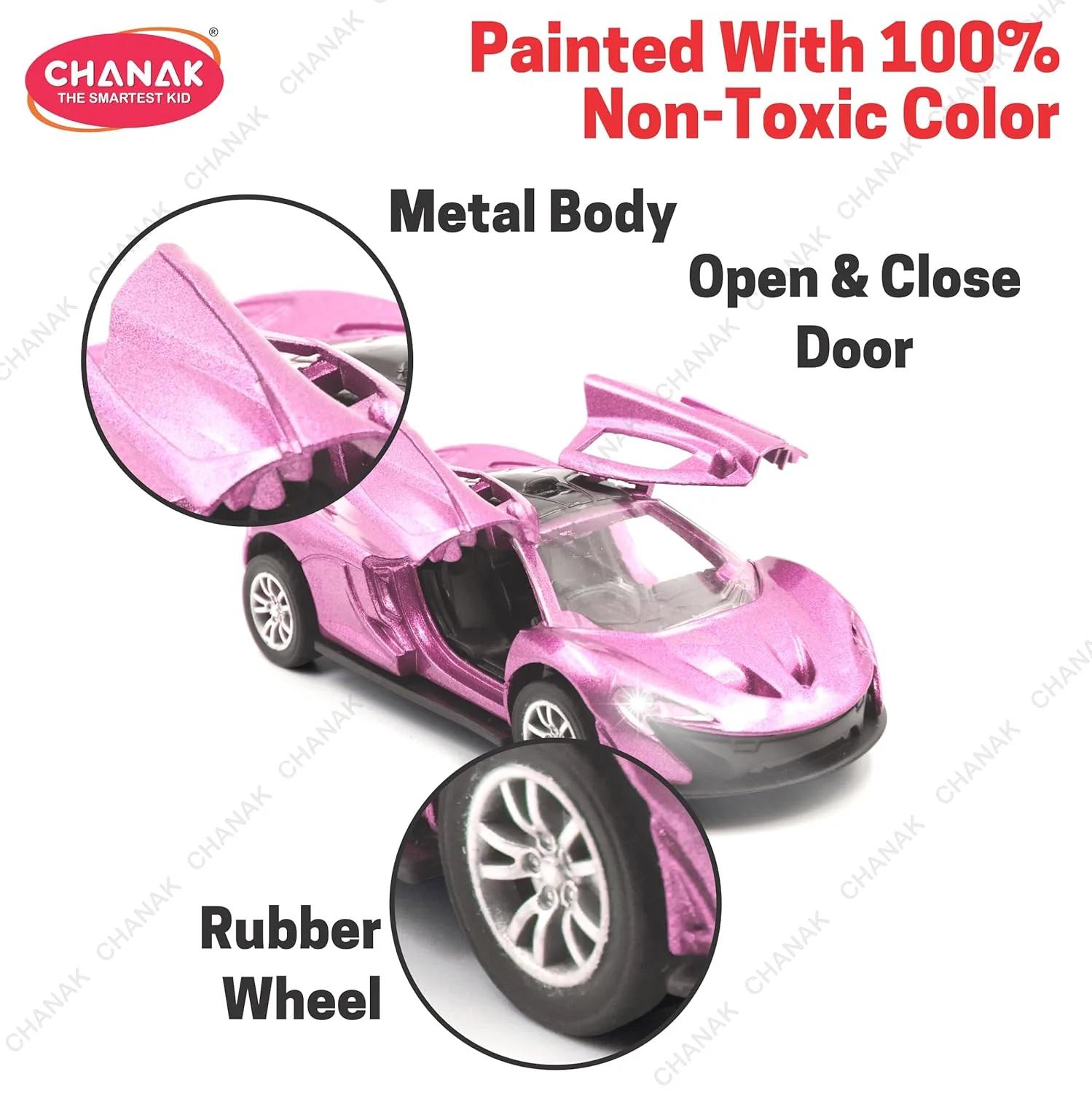 Chanak Die-Cast Metal Pull Back Car for Kids 3+ Years | LED Lights & Realistic Engine Sound – BIS Approved (Pink) - Image 5