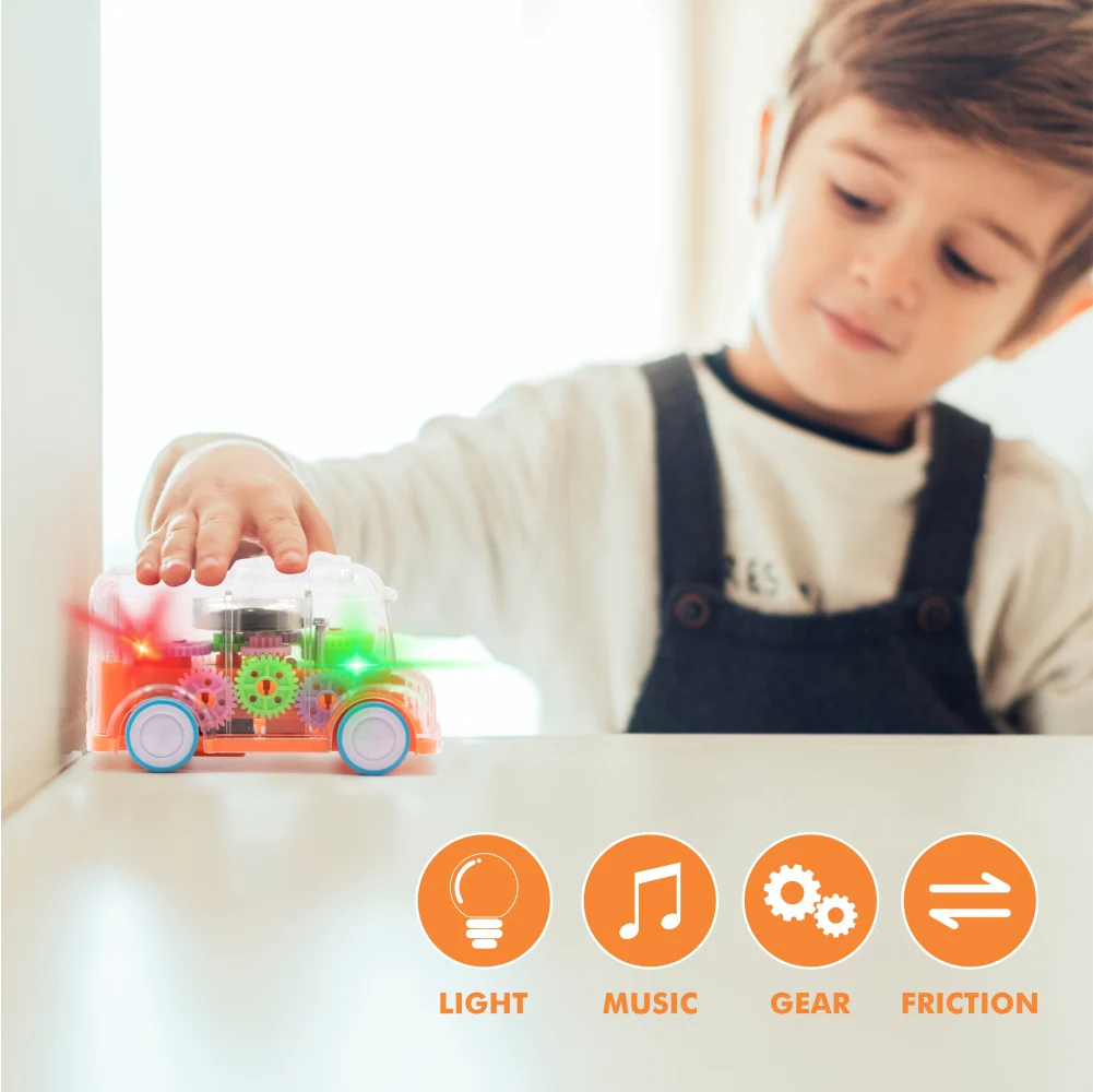 Chanak Transparent Gear Bus Toy for Kids 3+ Years | Tinkling Sound & Light Mini School Bus – BIS Approved (Orange) - Image 6